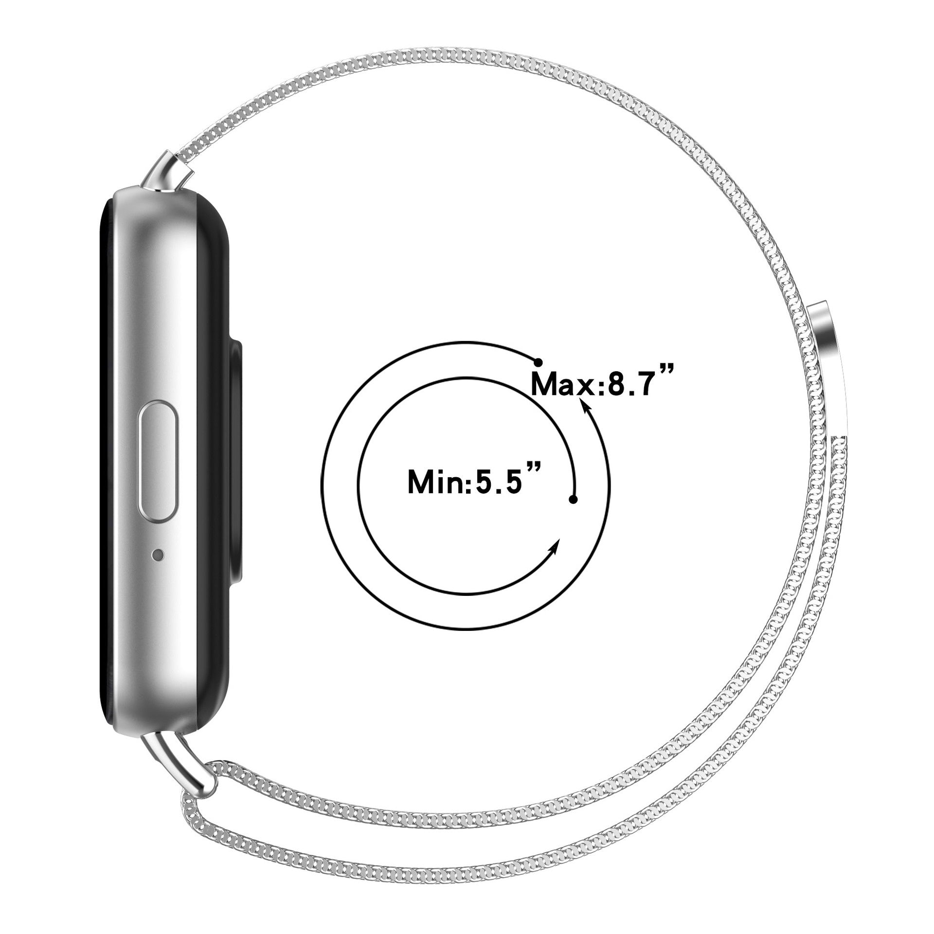 Eine silberne Smartwatch mit Metallarmband. Ein schwarzer Kreis zeigt die Größe von 5,5" bis 8,7" an.