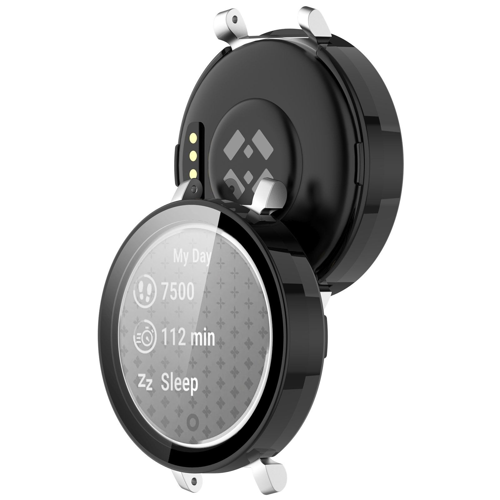 Schwarze Smartwatch mit Aktivitätsdaten auf dem Bildschirm. Zeigt Schritte, Aktivitätszeit und Schlafdaten. Schwarzes und silbernes Design.