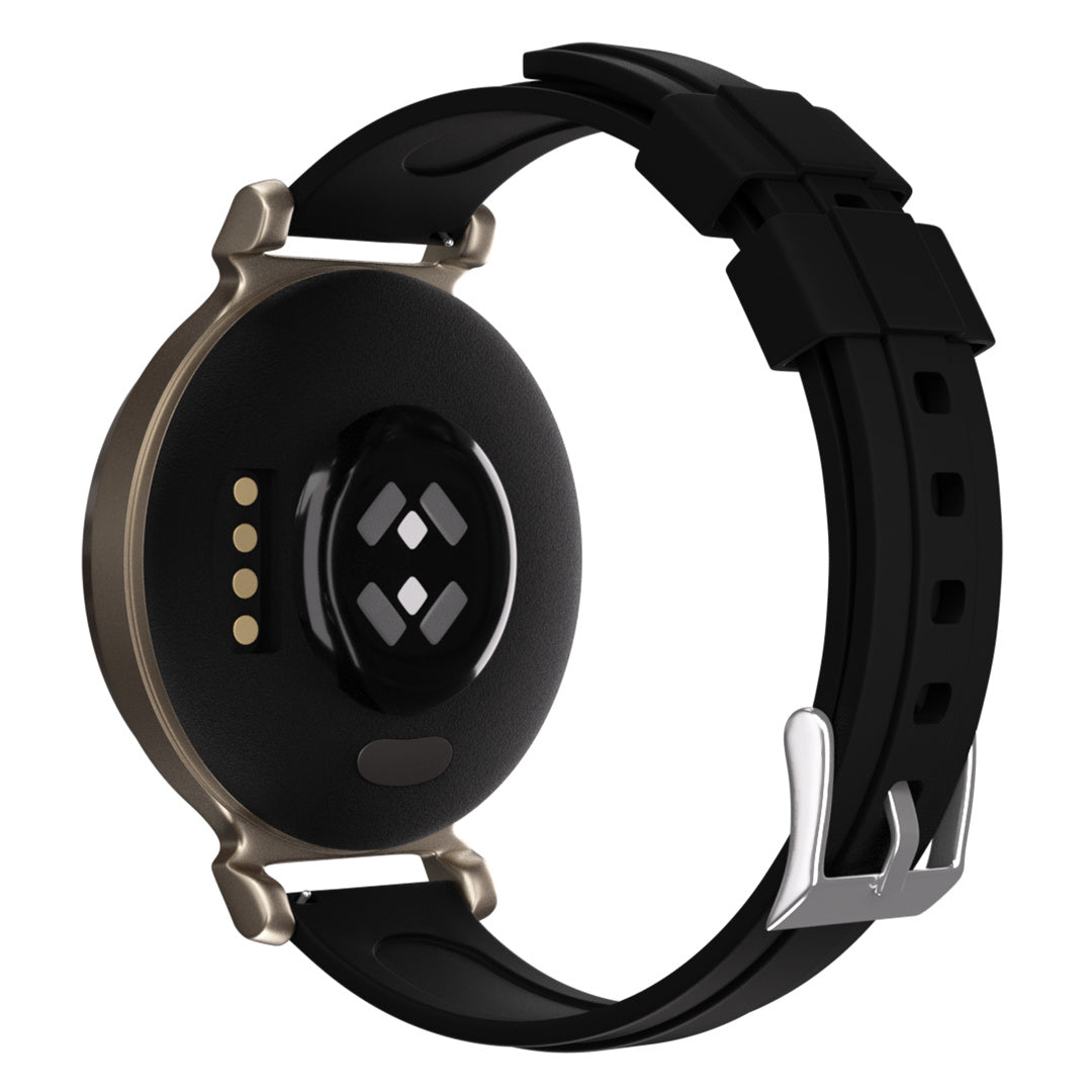Smartwatch, schwarzes Armband mit silberner Schließe, Bronzegehäuse. Rückseite hat Sensoren und Kontakte. Hauptsächlich Schwarz und Metallic.