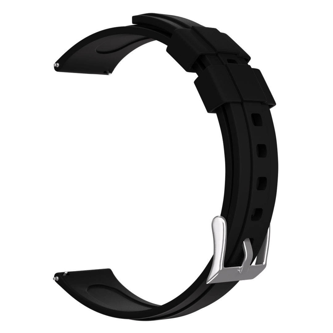 Ein schwarzes Uhrenarmband mit einer silbernen Schnalle. Das Armband ist gebogen und hat eine strukturierte Oberfläche. Die Schnalle ist glänzend und metallisch.