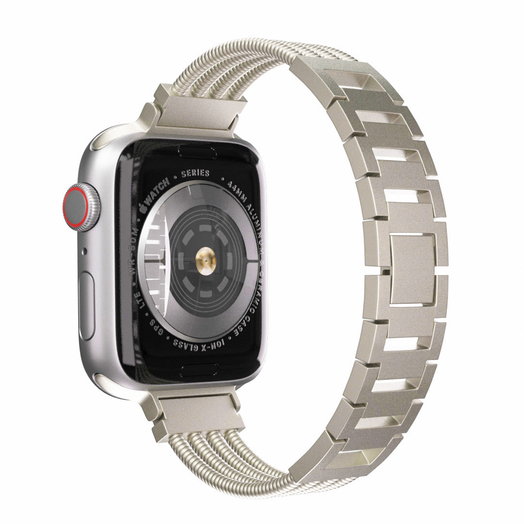 Silberne Apple Watch mit Metallarmband, Ansicht in Schräglage. Die Uhr zeigt die Rückseite mit Text. Das Armband besteht aus rechteckigen Gliedern.