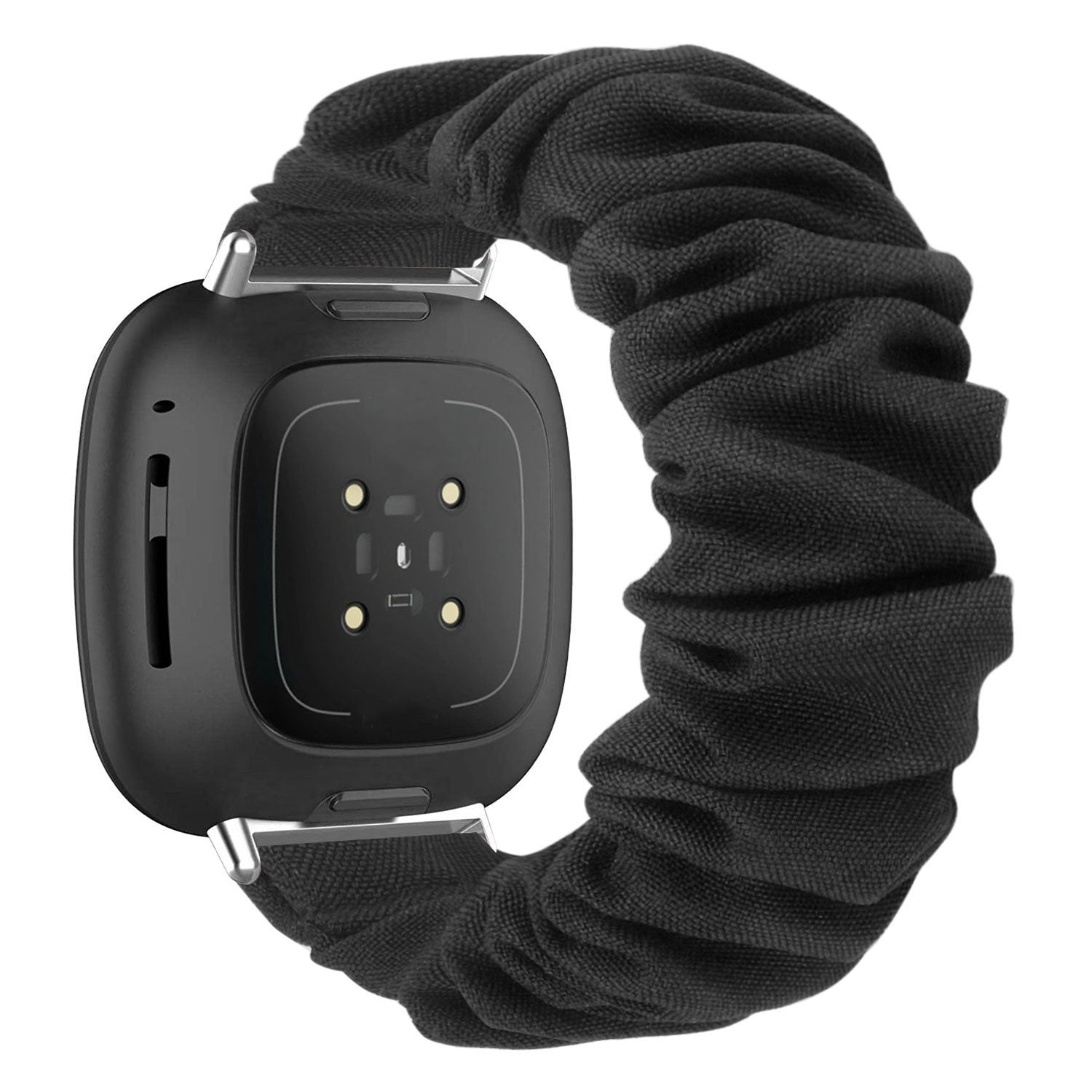 Eine schwarze Smartwatch mit einem schwarzen Scrunchie-Band. Die Uhr hat einen schwarzen Bildschirm und einige Sensoren. Das Band besteht aus Stoff.