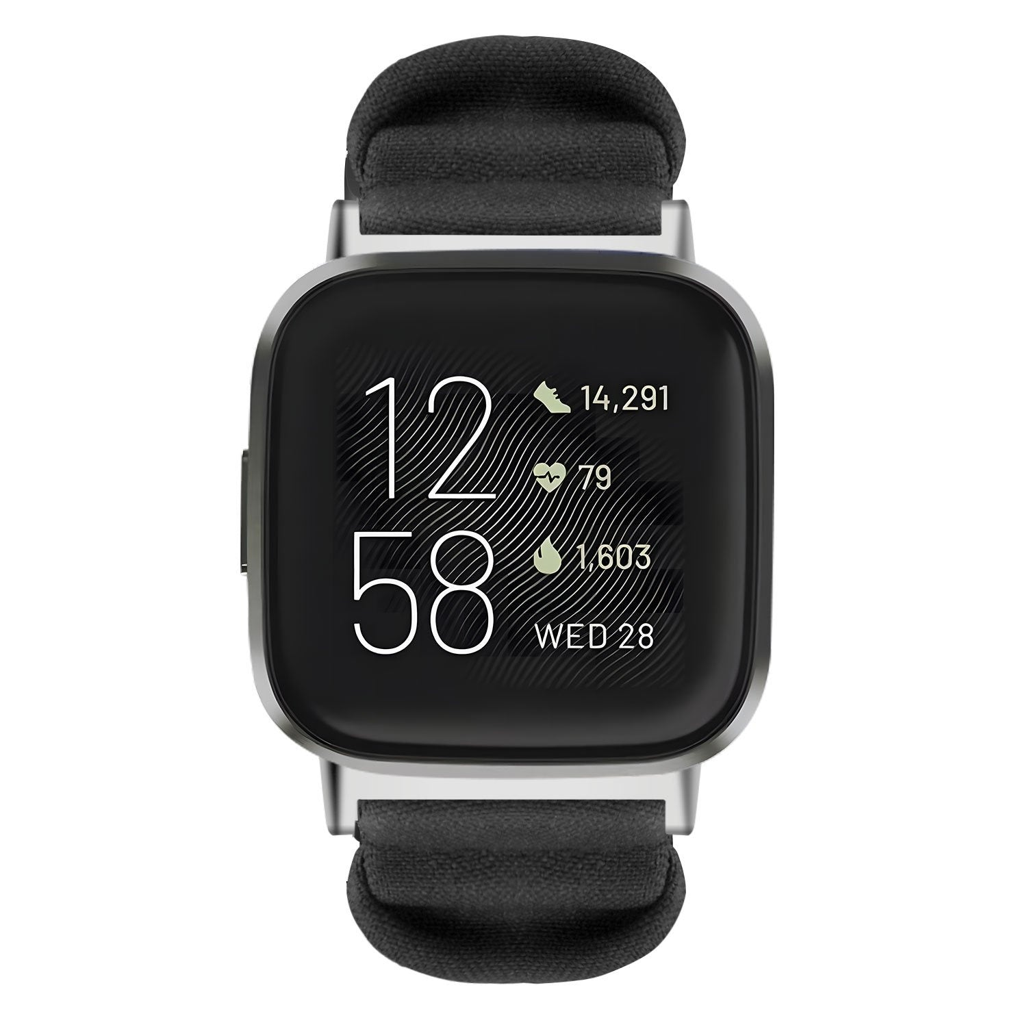 Eine schwarze Smartwatch zeigt Zeit, Schritte und Herzfrequenz an. Sie hat ein silbernes Gehäuse und ein schwarzes Stoffband. Das Datum ist Mittwoch, der 28.