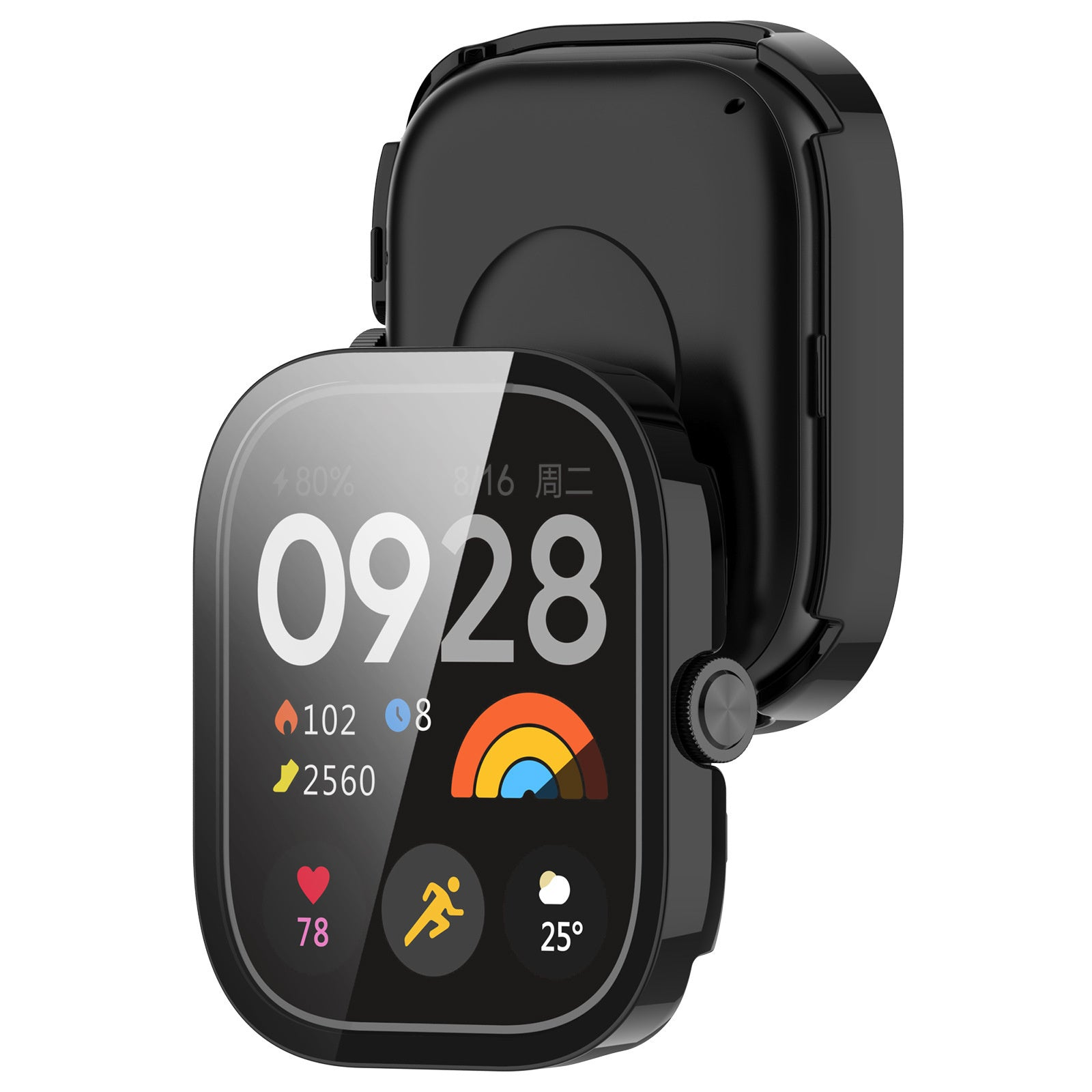 Schwarze Smartwatch zeigt die Uhrzeit 09:28, 80% Akku, Datum, Schritte, Herzfrequenz und Temperatur. Sie hat ein schwarzes Armband.