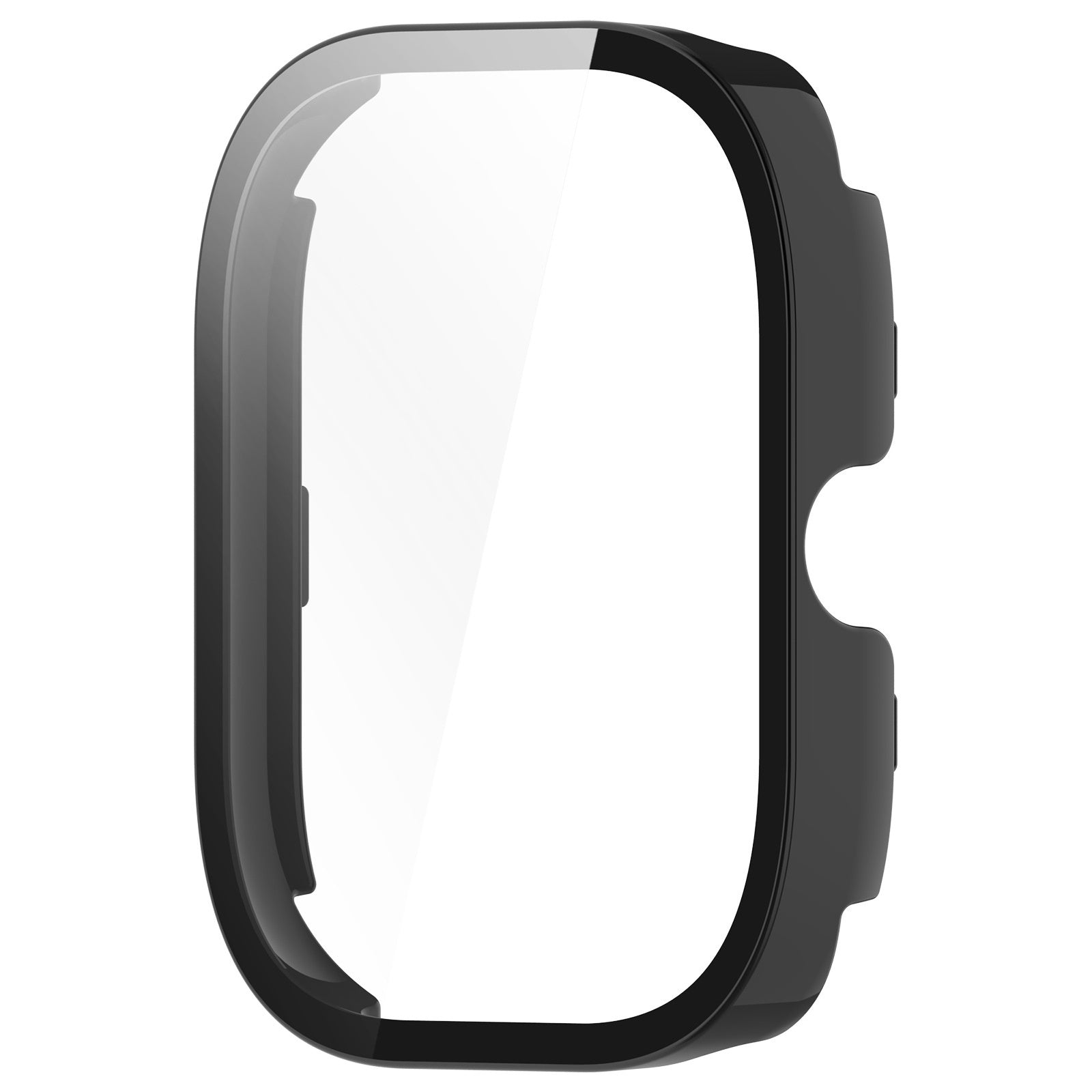 Eine schwarze Schutzhülle für eine Smartwatch mit klarer Displayschutzfolie. Die Hülle befindet sich auf weißem Hintergrund.