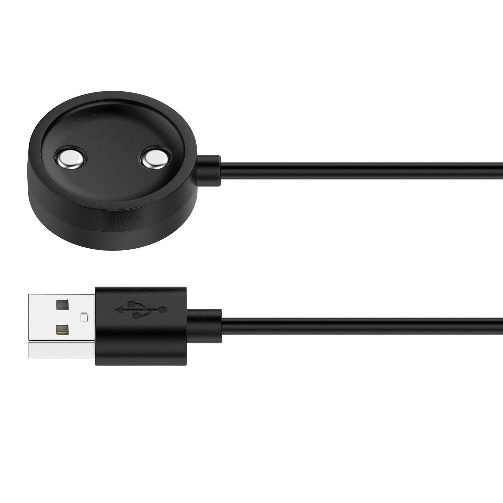 Schwarzes Uhrenladegerät mit USB-Kabel. Das Ladegerät ist rund mit zwei Stiften. Das Kabel und das Ladegerät sind auf weißem Hintergrund.