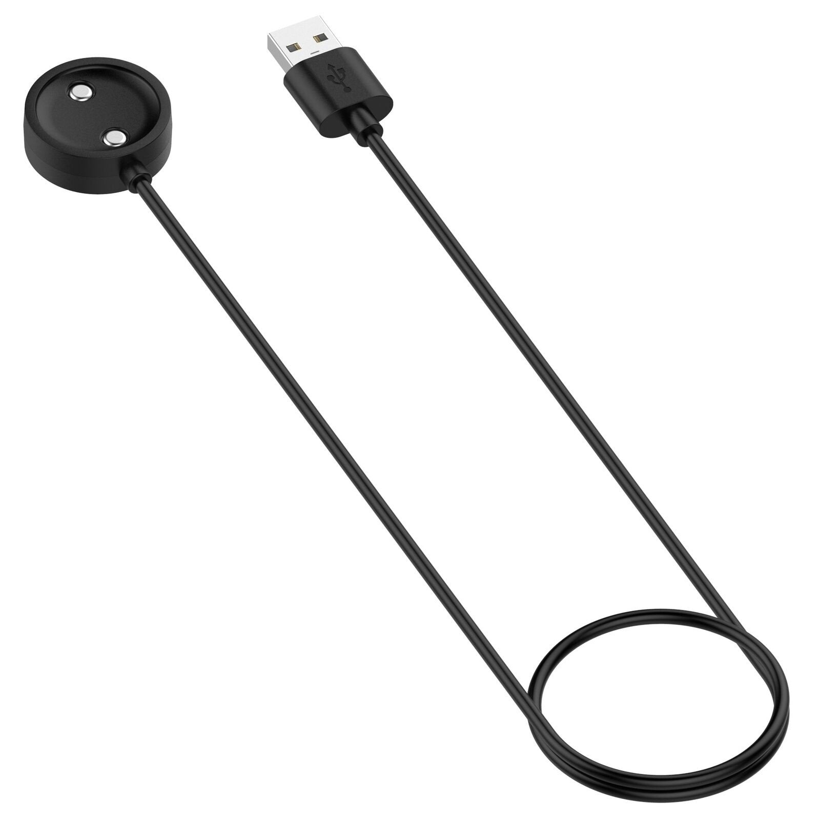 Ein schwarzes Smartwatch-Ladegerät mit USB-Anschluss. Das Ladegerät hat eine runde Basis mit zwei Stiften und einem Verbindungskabel.