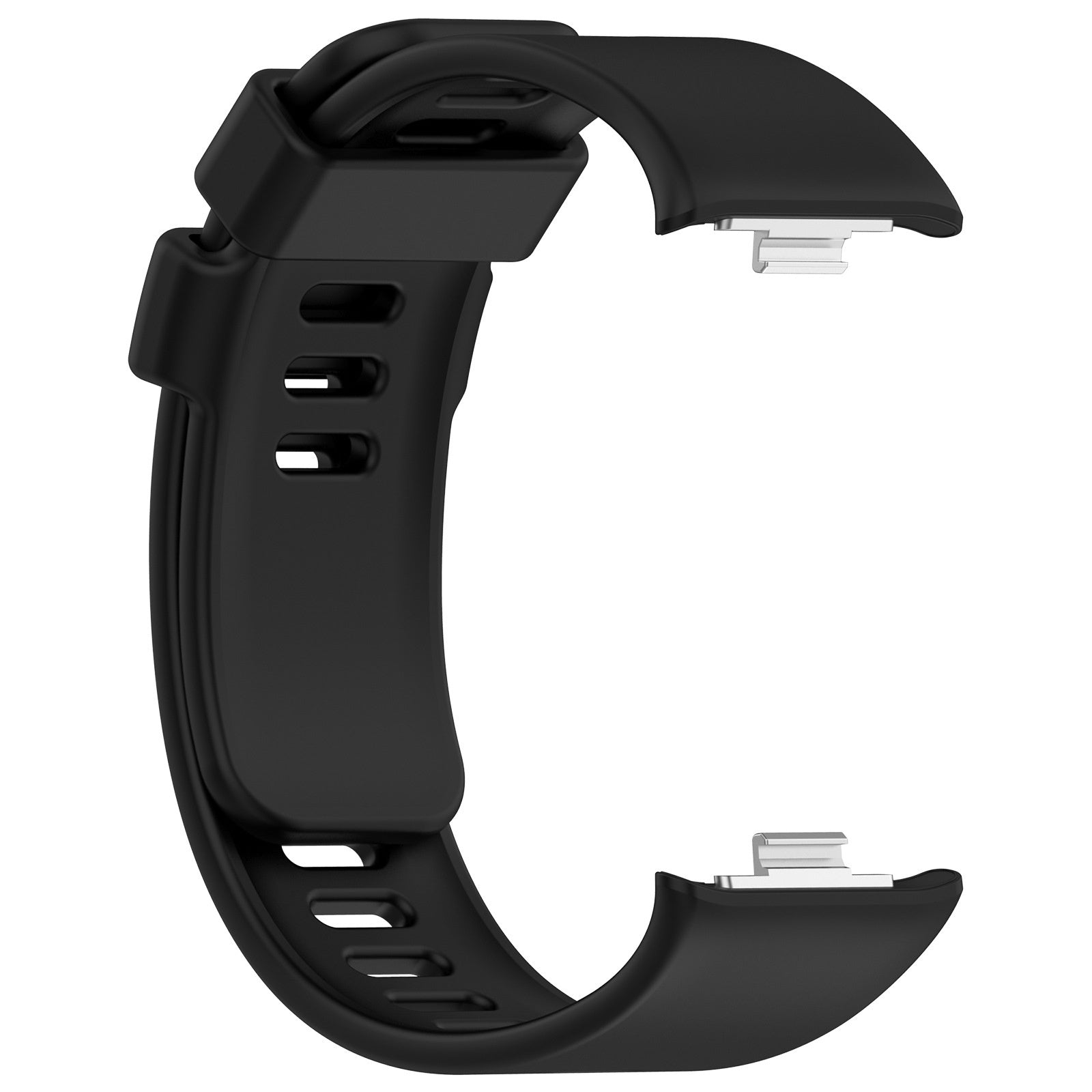 Ein schwarzes Uhrenarmband mit drei Löchern, Metallverschluss. Das Armband ist gebogen. Der Hintergrund ist weiß.