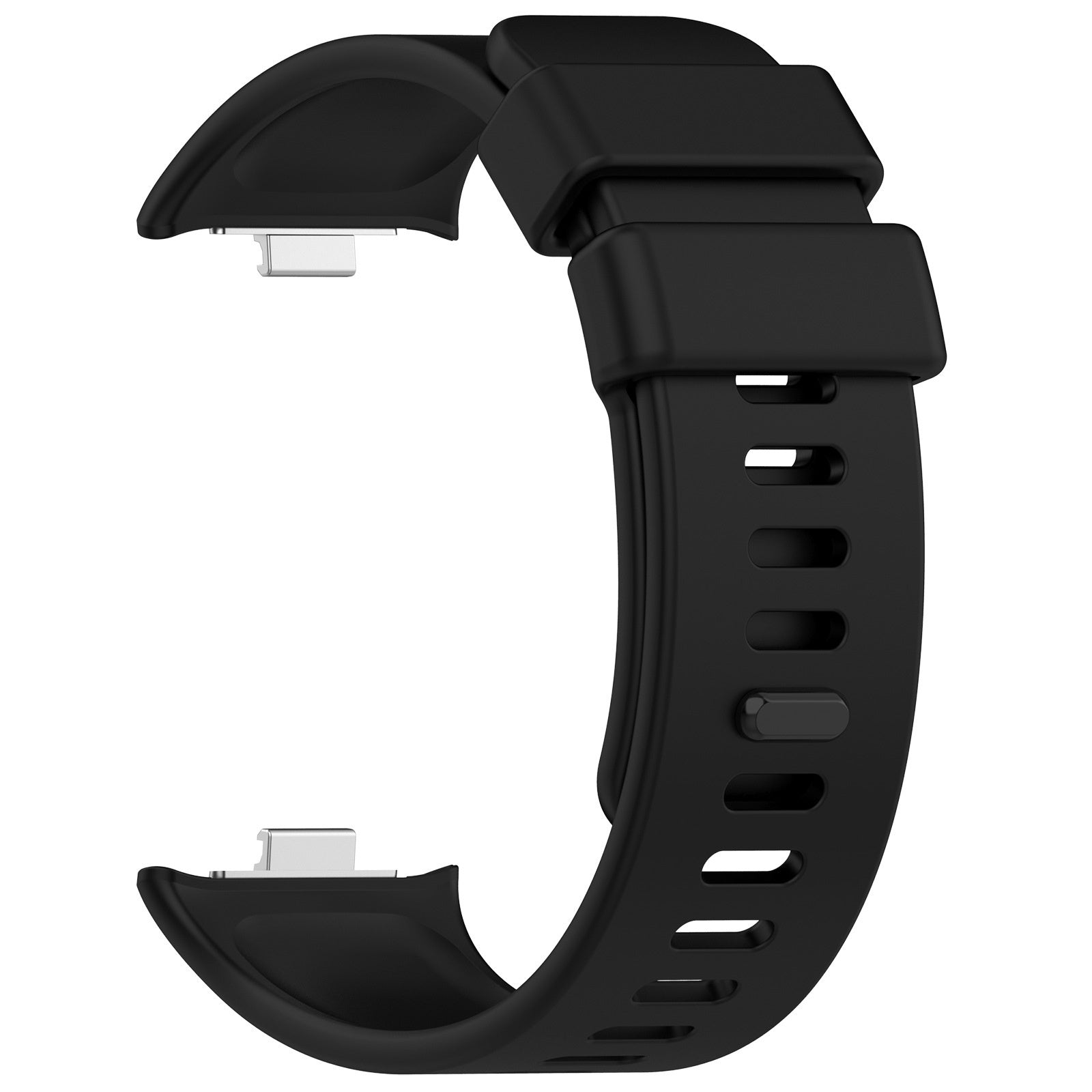 Ein schwarzes Armband für eine Smartwatch mit silbernen Metallverbindern. Es hat mehrere Einstelllöcher und einen sicheren Verschluss.