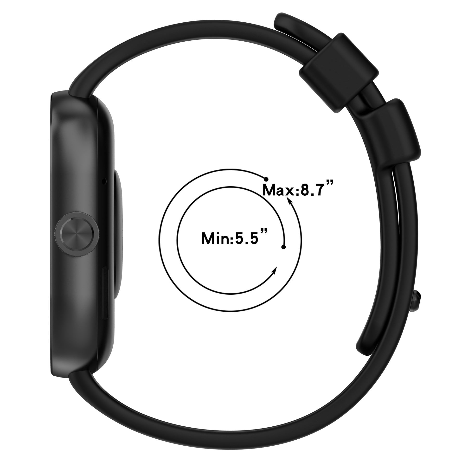 Eine schwarze Smartwatch auf weißem Hintergrund. Anzeige von Größenmessungen, mit max. 8,7" und min. 5,5".
