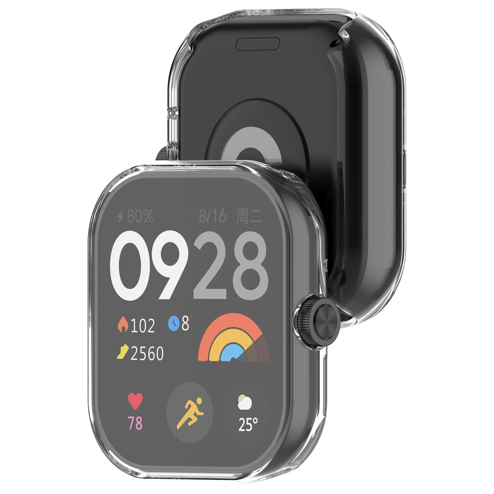 Eine Smartwatch mit durchsichtigem Gehäuse zeigt Uhrzeit, Statistiken und einen Regenbogen. Der Bildschirm zeigt 0928, 80 % Akku und das Datum.