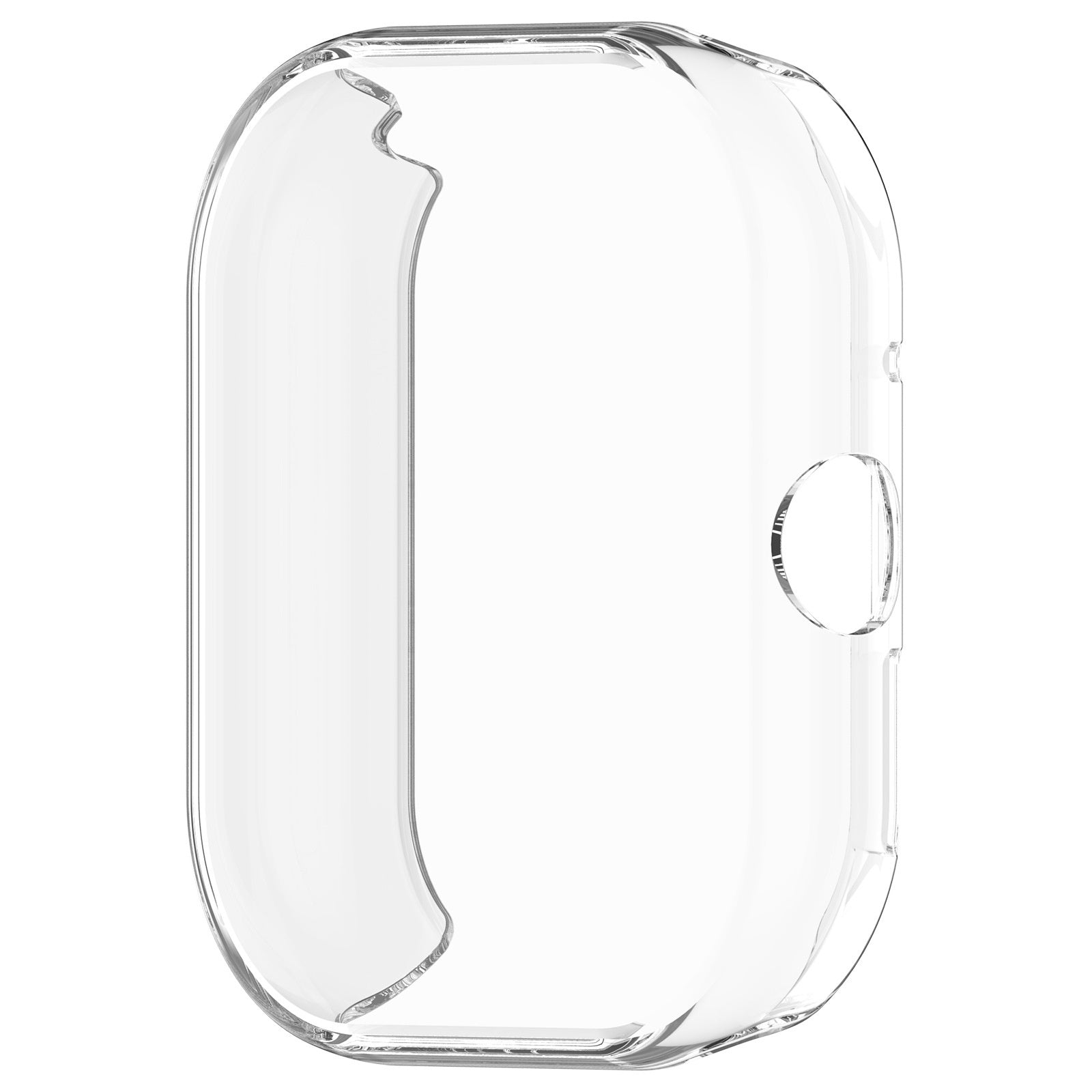 Eine klare, transparente Kunststoff-Uhrenhülle mit einer abgerundeten rechteckigen Form und einer kreisförmigen Öffnung.