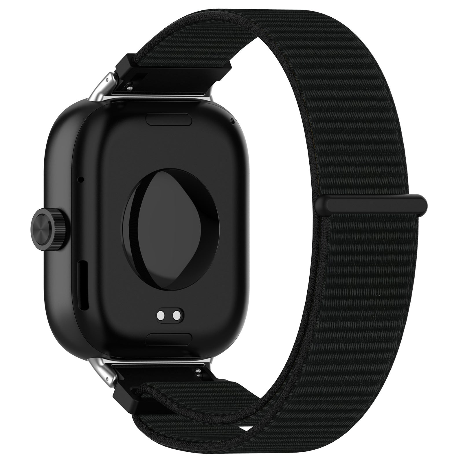 Schwarze Smartwatch mit schwarzem Stoffarmband. Die Uhr hat einen runden Knopf und einen Bildschirm auf der Rückseite.