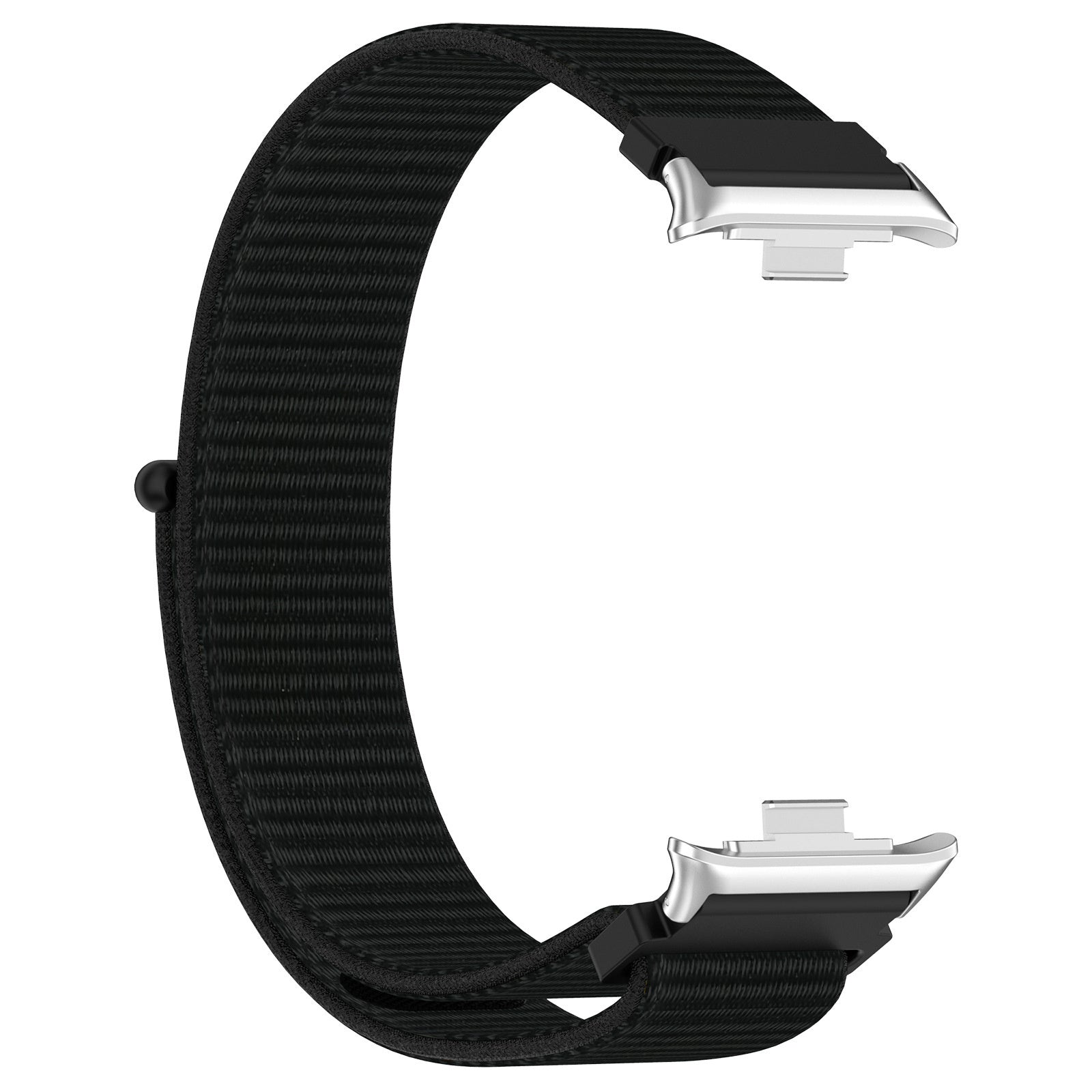 Ein schwarzes Armband in 'C'-Form. Es hat silberne Anschlüsse an den Enden. Der Hintergrund ist weiß.