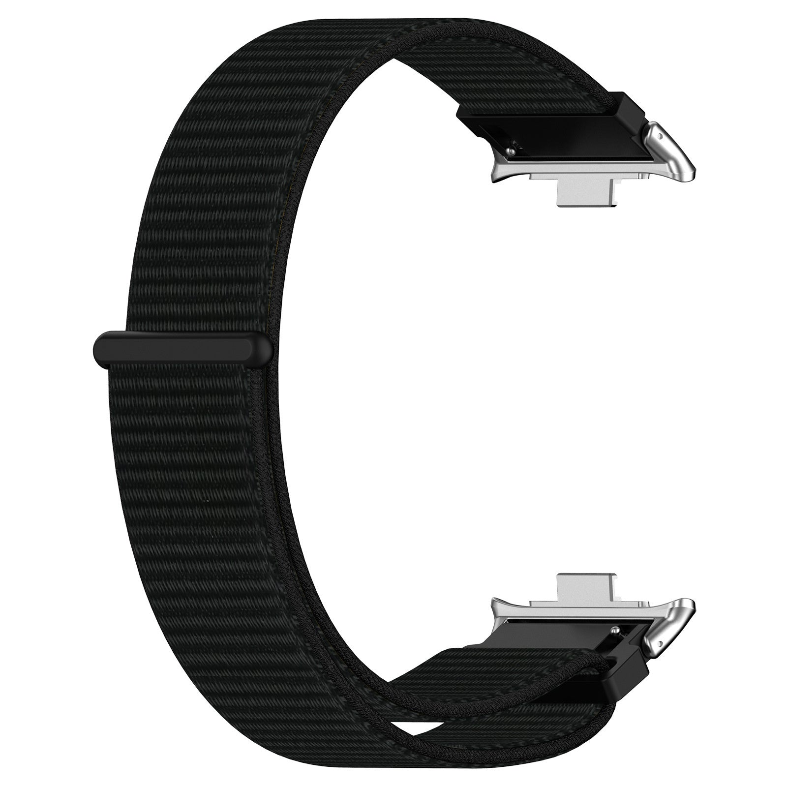 Ein schwarzes Armband in C-Form mit silbernen Metallverschlüssen und einem schwarzen Verschluss. Der Hintergrund ist weiß.