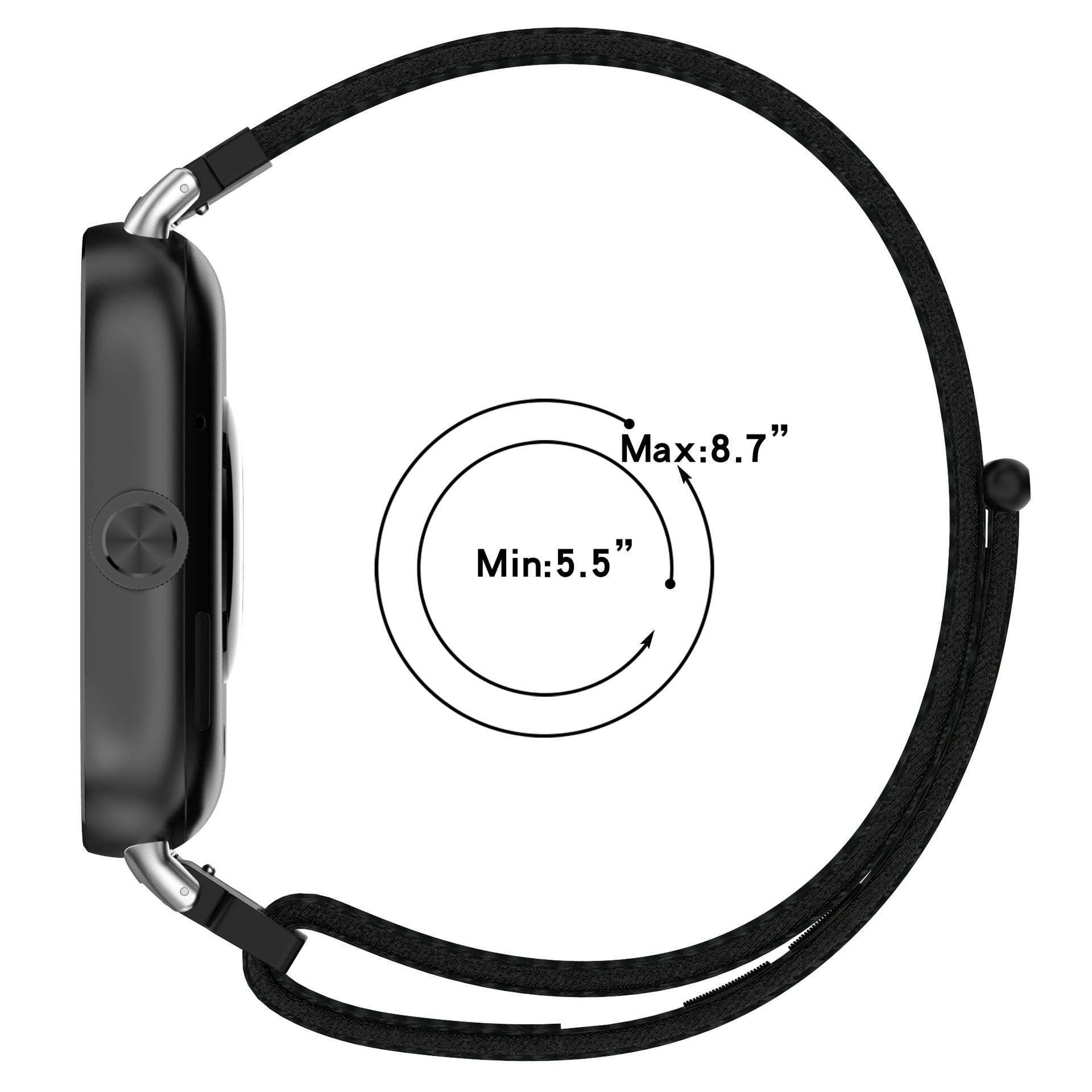 Schwarze Smartwatch mit schwarzem Armband. Ein Kreis zeigt die Größe, min. 5,5" und max. 8,7". Silberne Metallverbindungen verbinden Armband und Uhr.