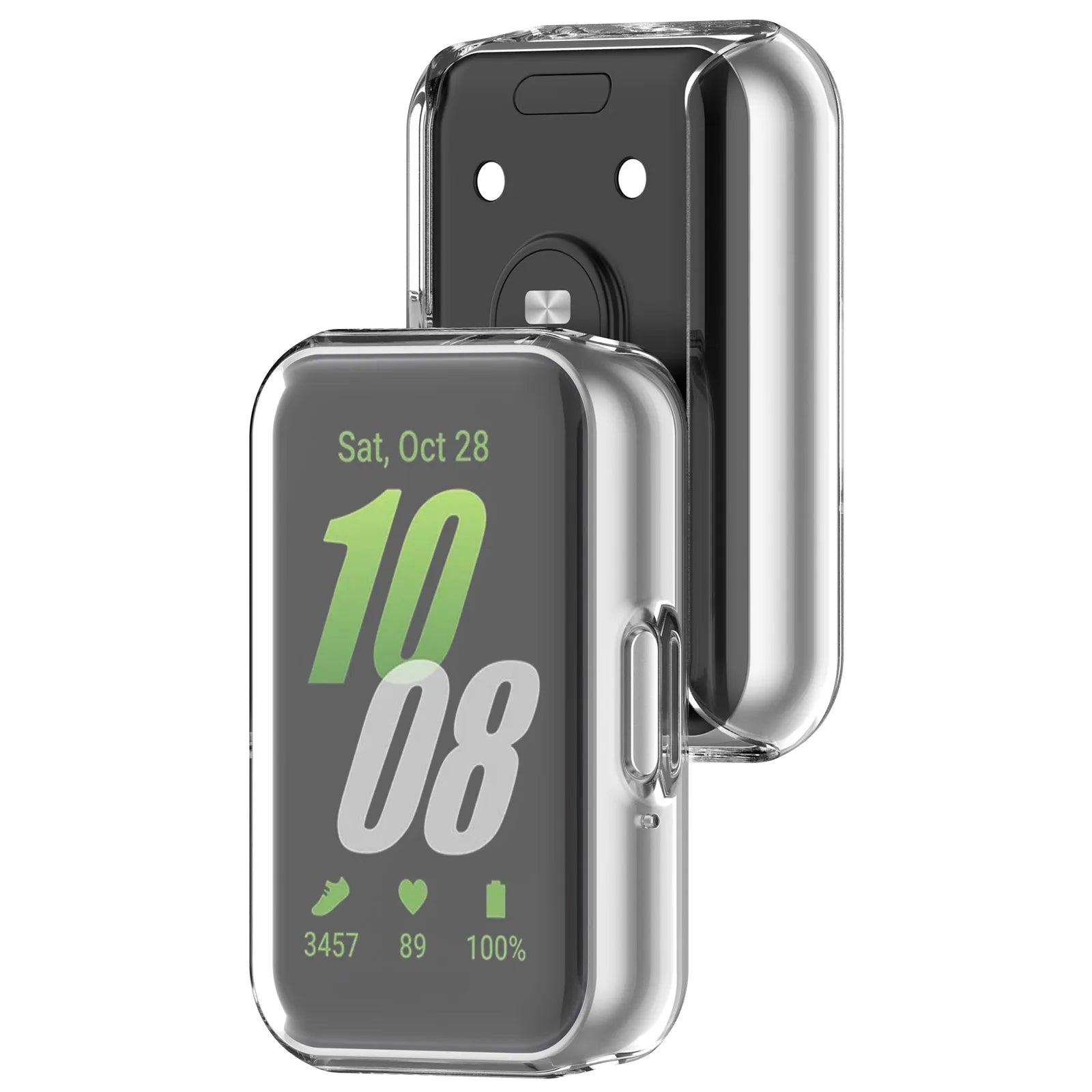Eine Smartwatch mit transparentem Gehäuse zeigt Datum und Uhrzeit. Sie ist teilweise an einer schwarzen Oberfläche befestigt.