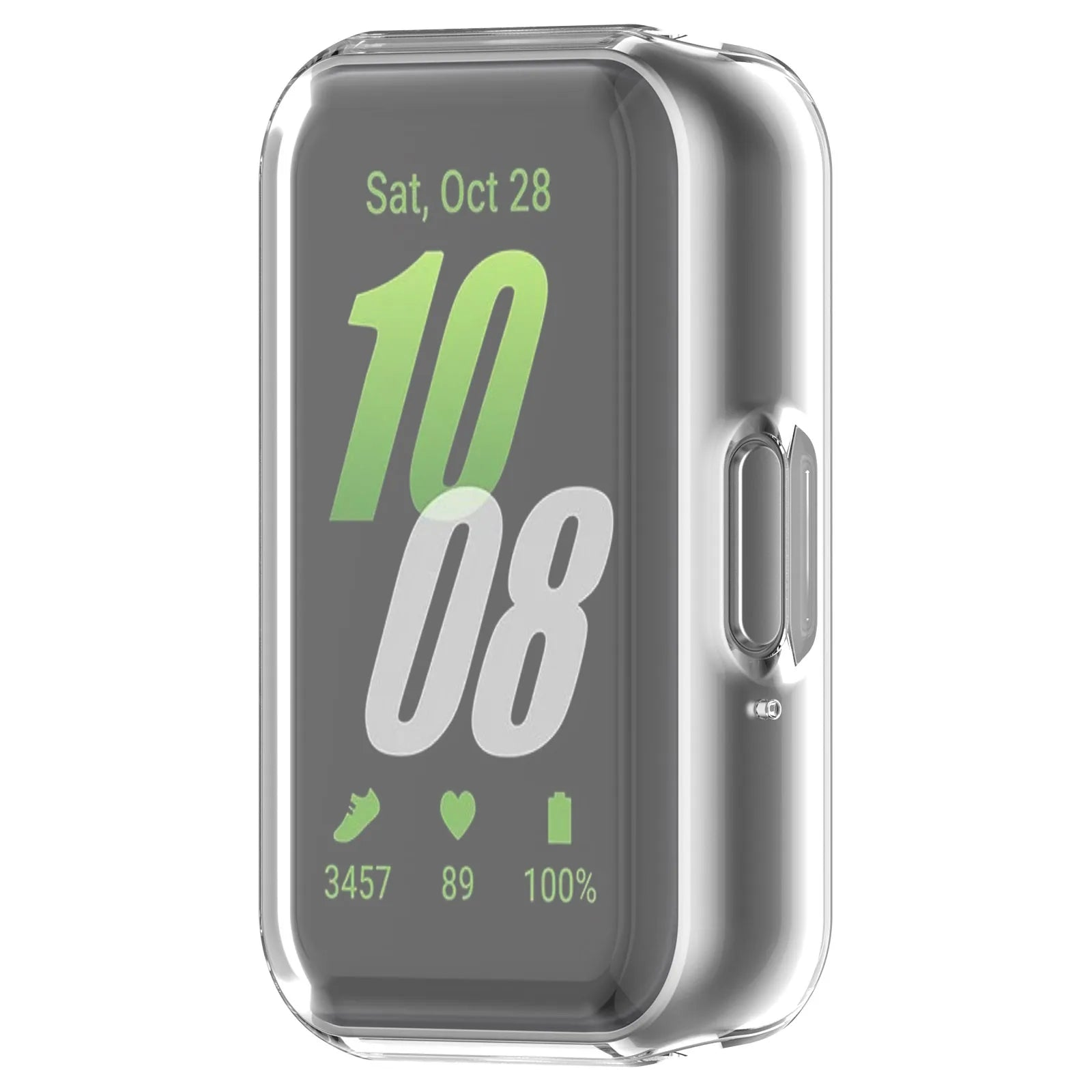 Eine Smartwatch mit einer transparenten Schutzhülle. Der Bildschirm zeigt Datum, Uhrzeit, Schritte, Herzfrequenz und Akkustand an.