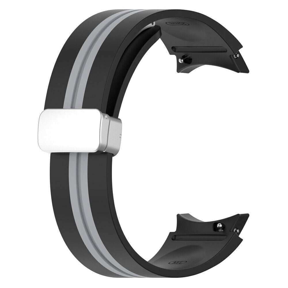 Schwarzes Uhrenarmband mit zwei grauen Streifen und einer silbernen Schnalle. Das Armband hat eine C-Form.