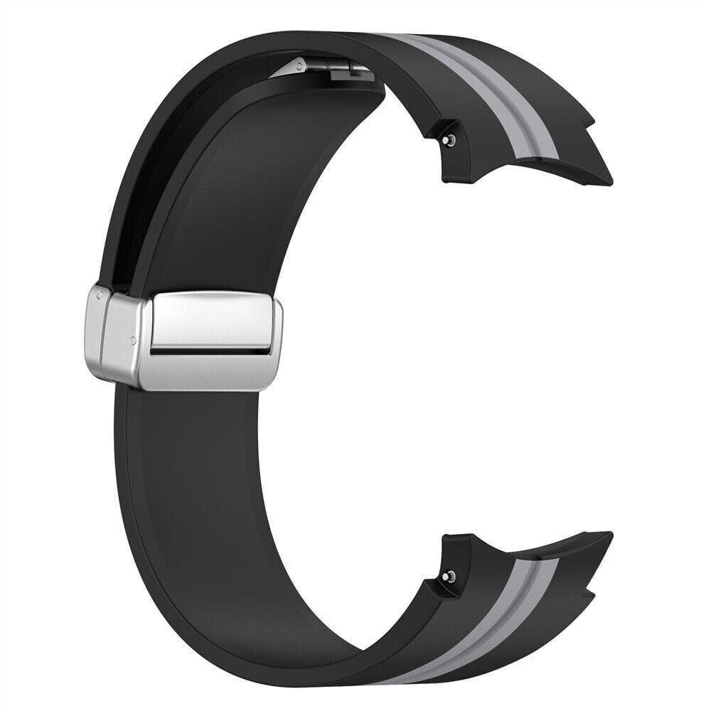 Schwarzes Uhrenarmband mit silberner Schnalle. Das Band hat graue Streifen an den Enden.