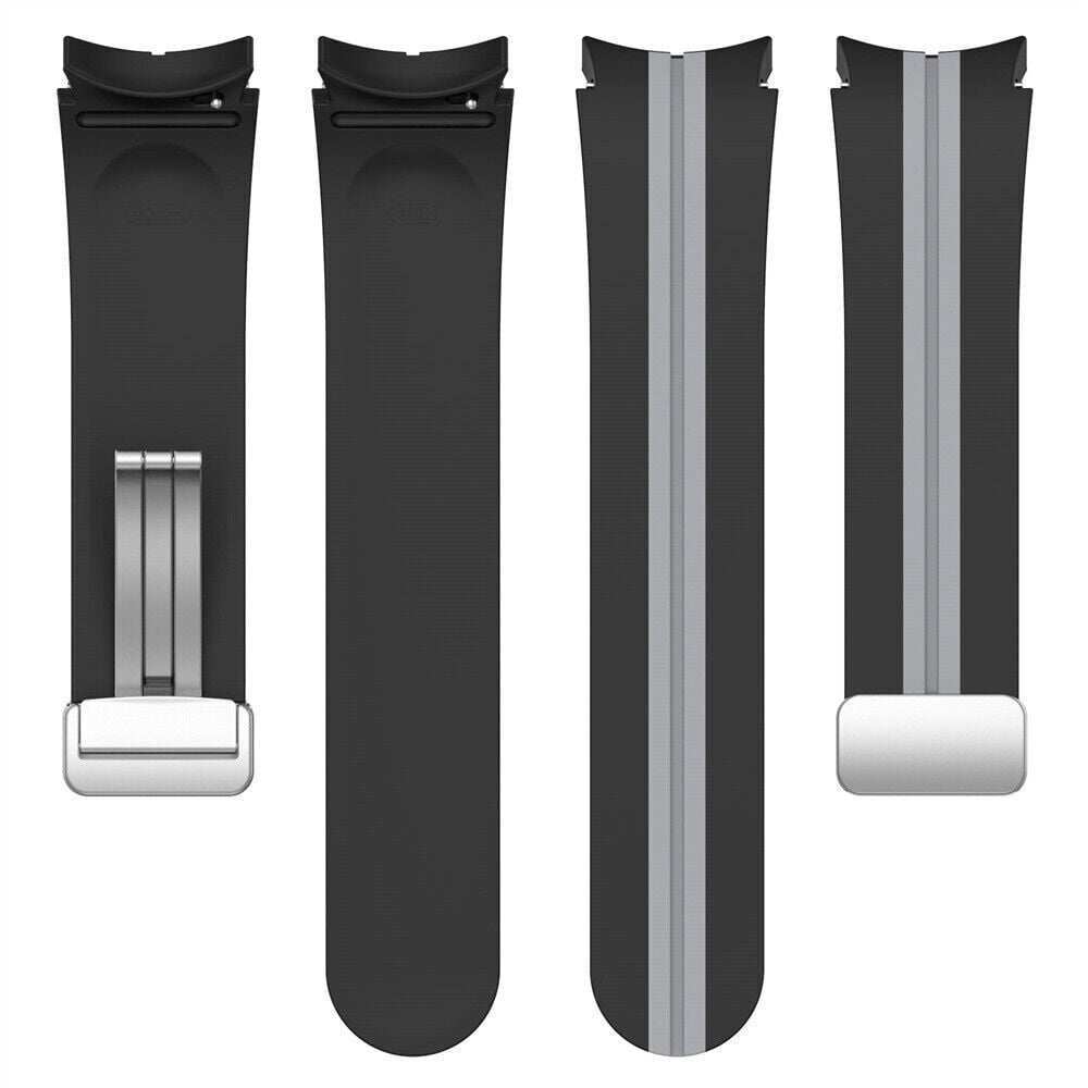Vier schwarze Uhrenarmbänder. Zwei haben silberne Streifen, eines mit silberner Schnalle und das andere mit silbernem Verschluss.