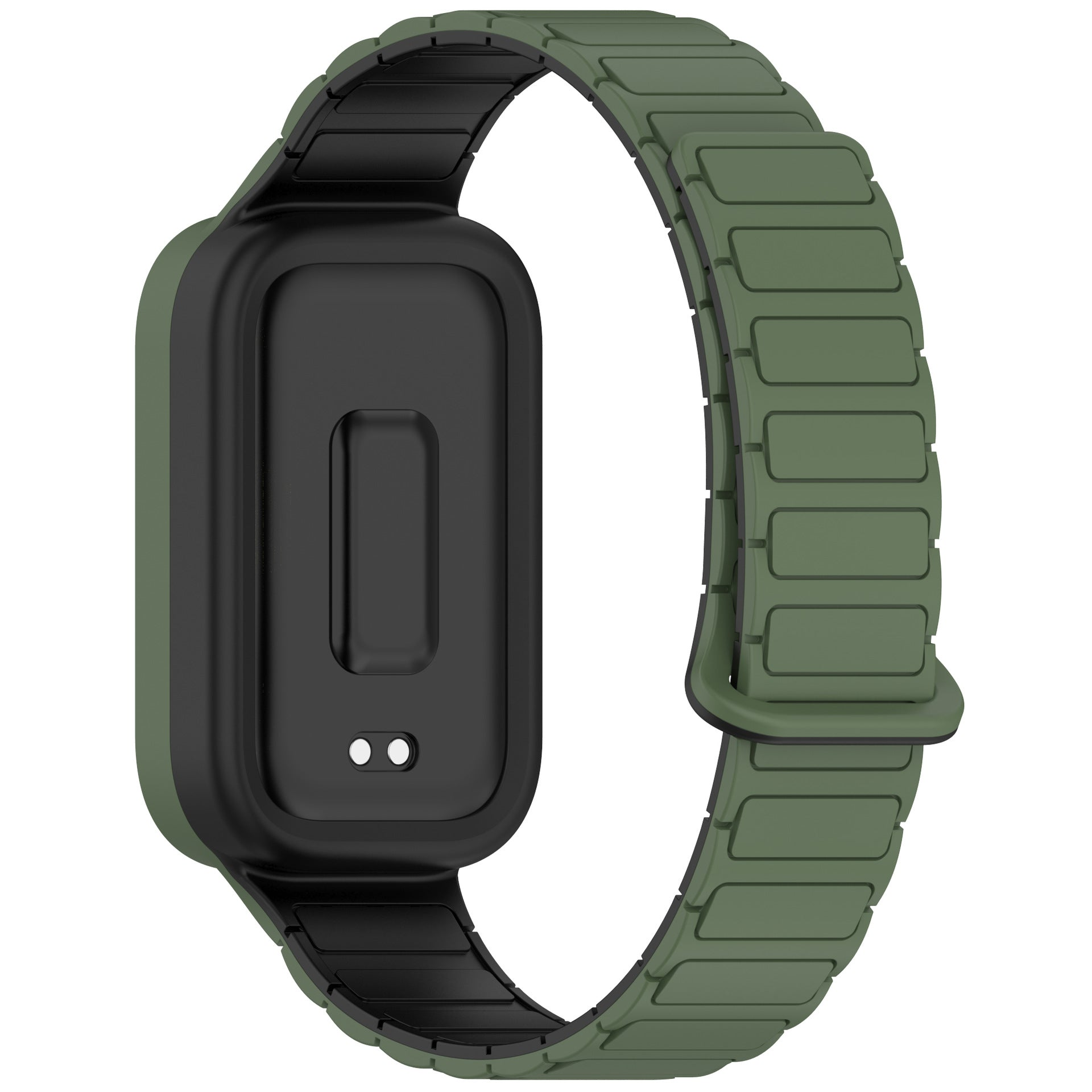 Eine olivgrüne Smartwatch mit schwarzem Bildschirm und Armband. Das Armband ist strukturiert und hat einen Magnetverschluss.