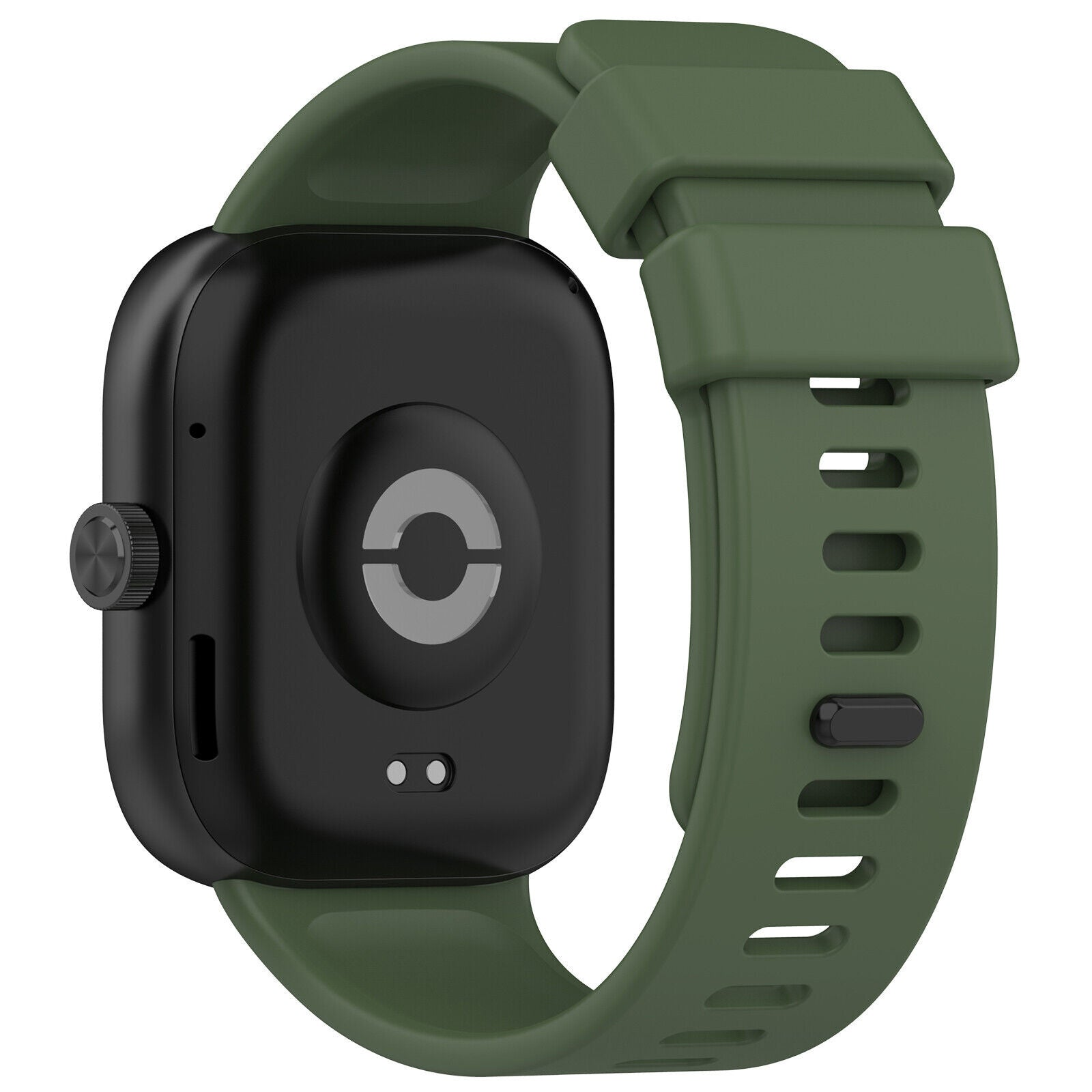 Schwarze Smartwatch mit grünem Armband. Die Rückseite hat einen Herzfrequenzsensor. Das Armband hat mehrere Löcher zur Anpassung.