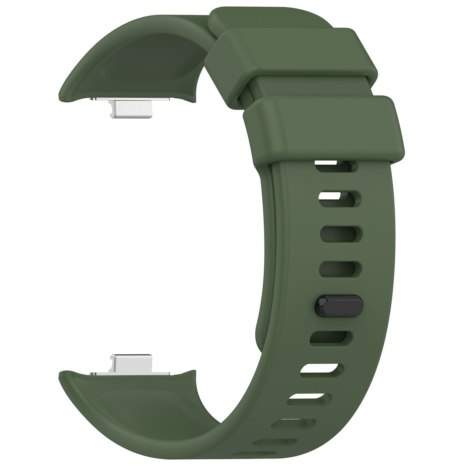 Ein grünes Uhrenarmband mit Metallanschlüssen und einem schwarzen Knopf. Es hat mehrere Löcher zur Einstellung.