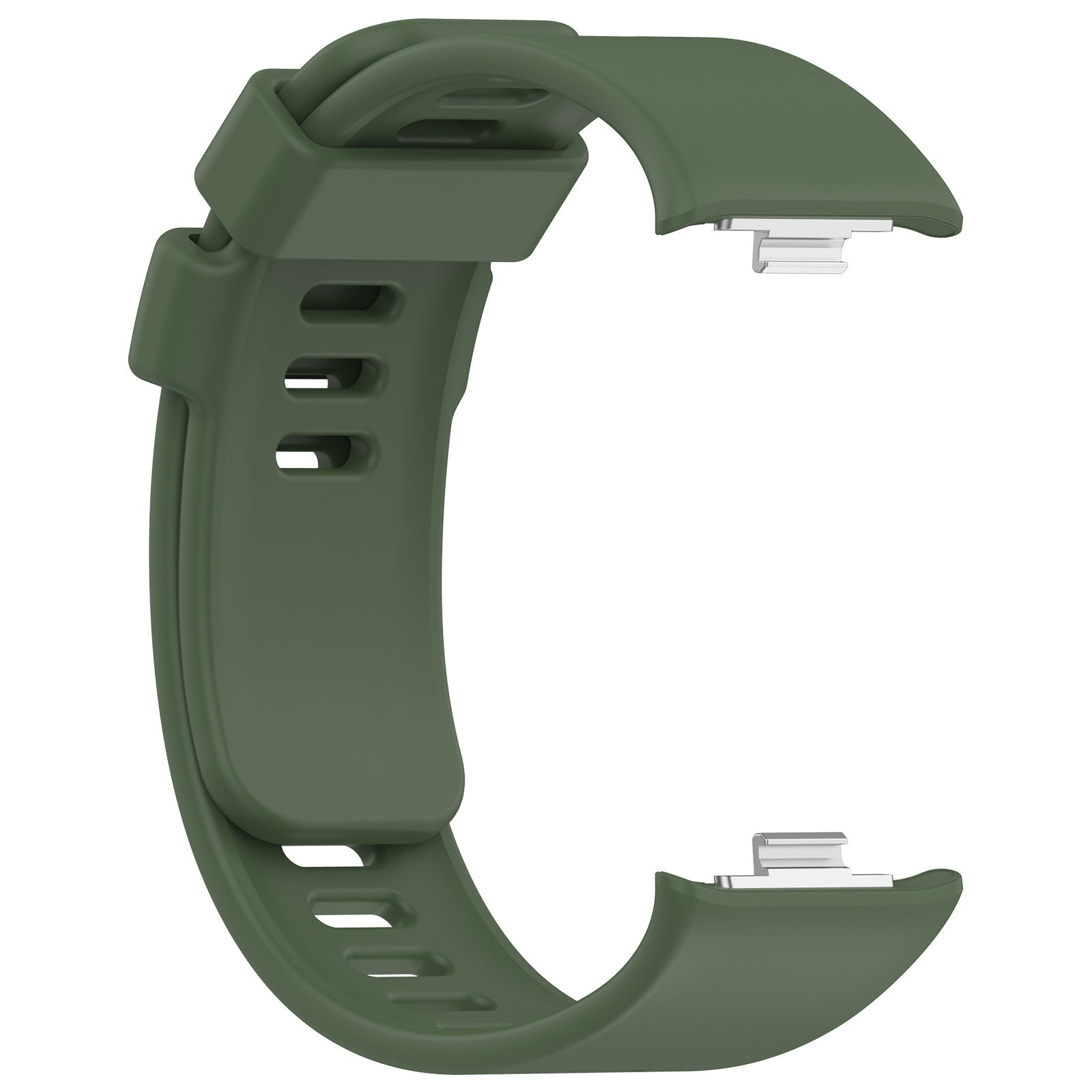 Olivgrünes Smartwatch-Armband. Das Armband hat drei längliche Löcher und Metallverschlüsse.