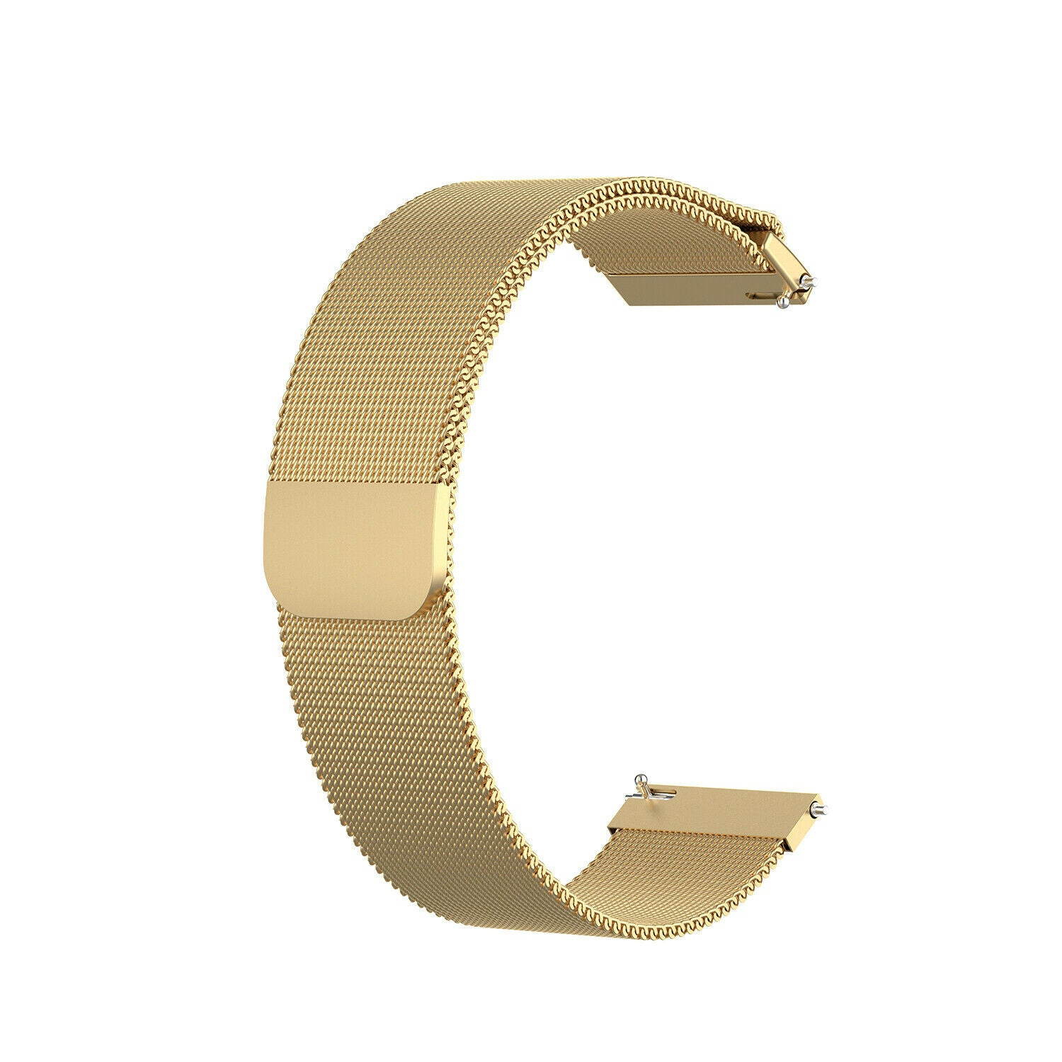 Ein goldfarbenes Uhrenarmband in C-Form ist auf weißem Hintergrund isoliert. Das Armband besteht aus feinem Mesh mit einem Verschluss an jedem Ende.