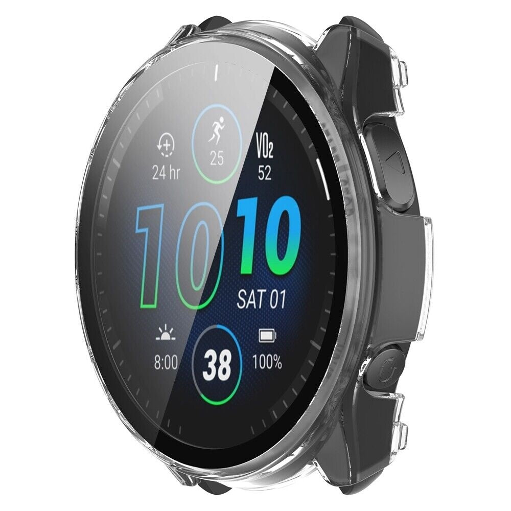 Smartwatch mit der Anzeige 10:10 Uhr, Akku 100 %, Sa 01, Vo2 52, Aktivität 25. Schwarze Schutzhülle. Schwarze Knöpfe an der Seite.
