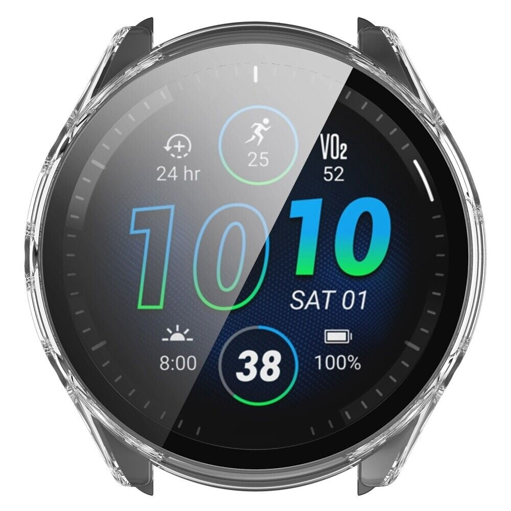 Smartwatch mit klarer Hülle. Zeigt Zeit, Datum, Aktivität und Akkulaufzeit auf einem kreisförmigen Bildschirm an. Das Zifferblatt ist schwarz und grau.