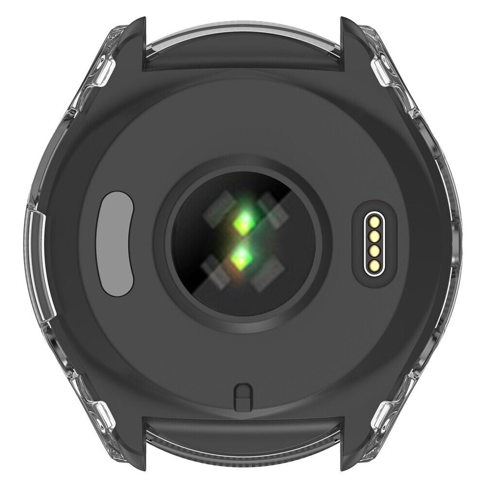 Rückseite einer schwarzen Smartwatch mit transparentem Schutzgehäuse. Merkmale: Herzfrequenzsensor, Ladeanschluss und eine Reihe von Lichtern.