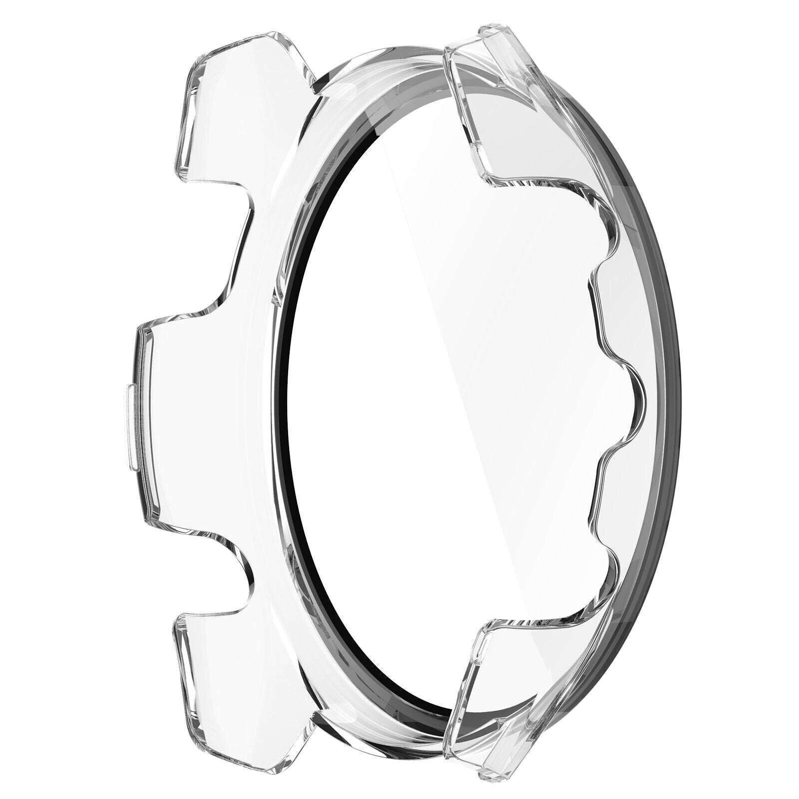 Eine klare, schützende Uhrenhülle. Sie hat ein zahnradartiges Design mit schwarzem Rand und transparenter Abdeckung.