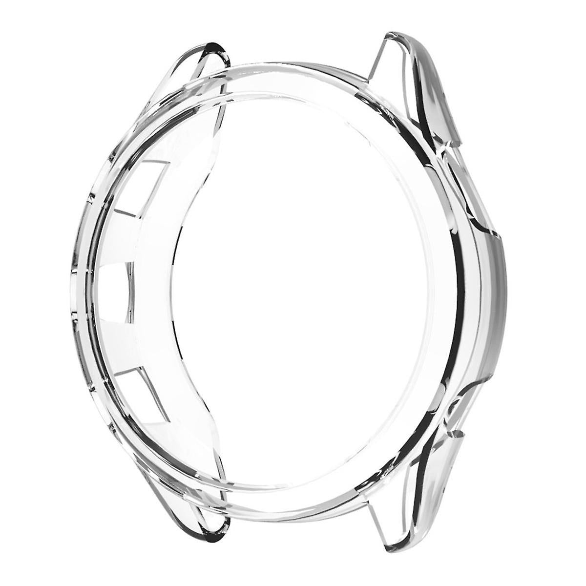 Eine transparente Schutzhülle für eine runde Smartwatch. Sie hat ein kreisförmiges Design mit erhabenen Kanten und Aussparungen.