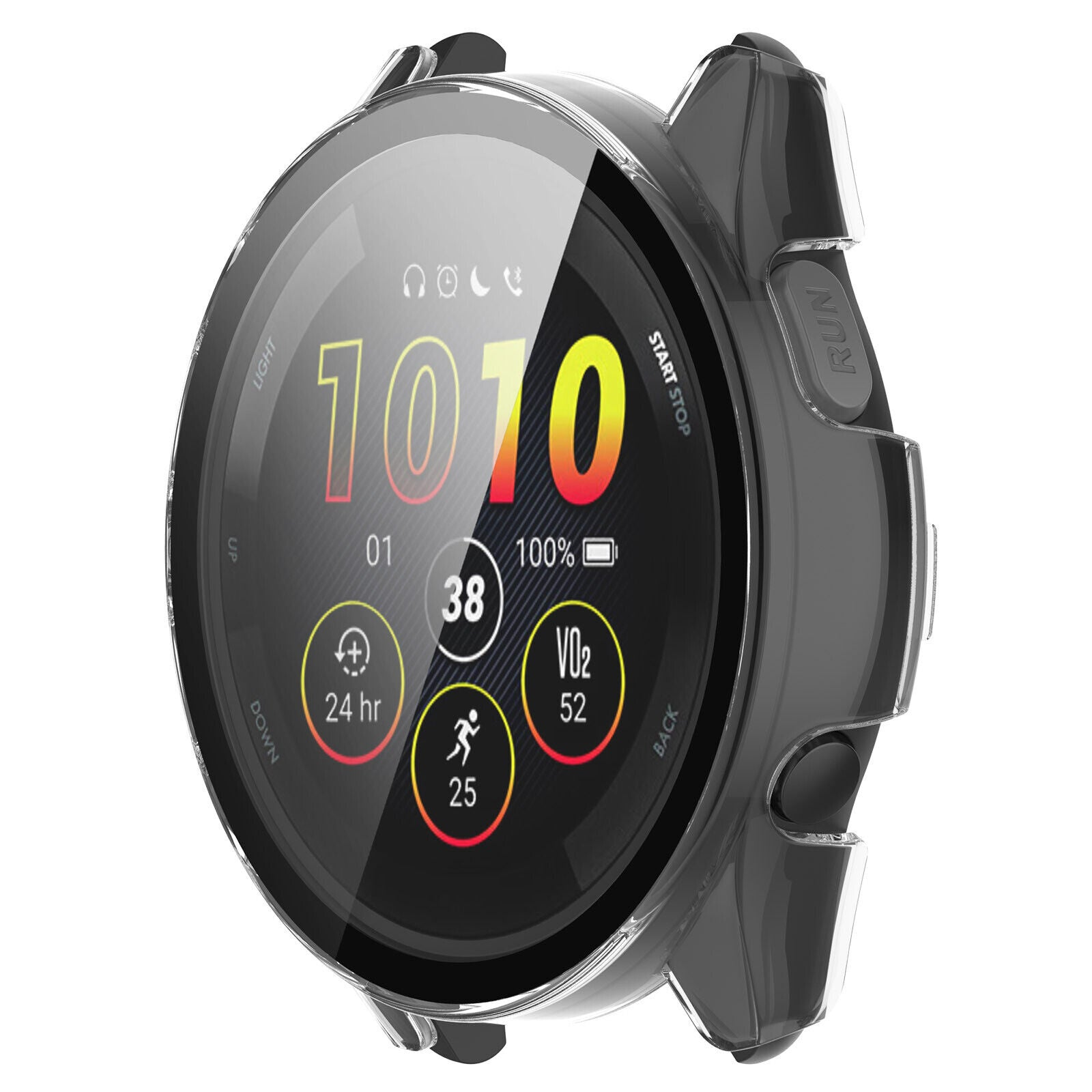 Smartwatch mit schwarzem Bildschirm, der Zahlen, Batterie und verschiedene Symbole anzeigt. Hat ein graues Gehäuse und schwarze Knöpfe.