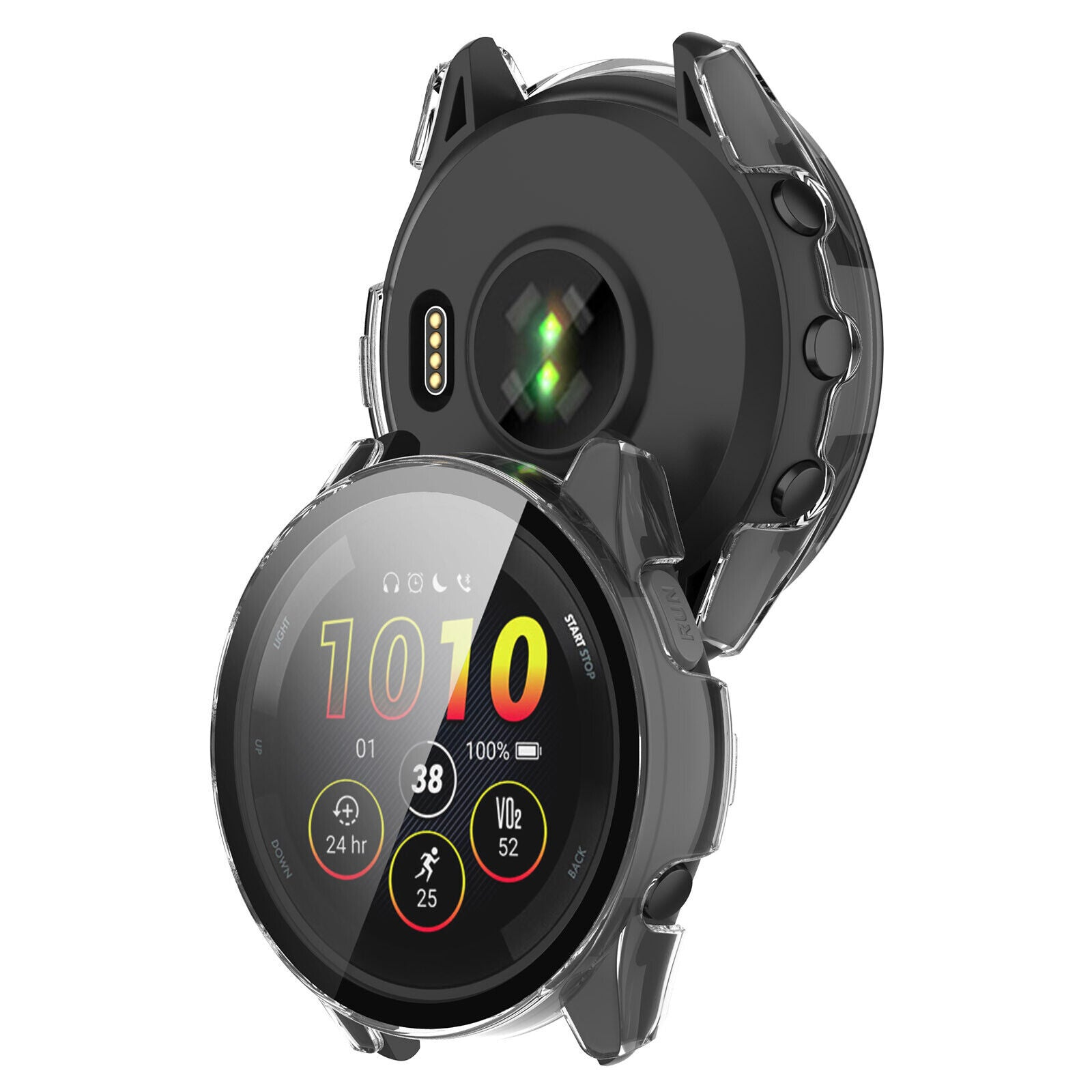 Eine schwarze Smartwatch mit transparentem Cover. Der Bildschirm zeigt Zahlen und Symbole. Die Uhr ist auf weißem Grund.