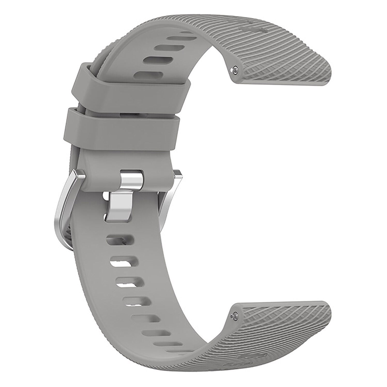 Ein graues Uhrenarmband mit silberner Schließe. Das Band ist gebogen, mit strukturiertem Muster und Löchern.