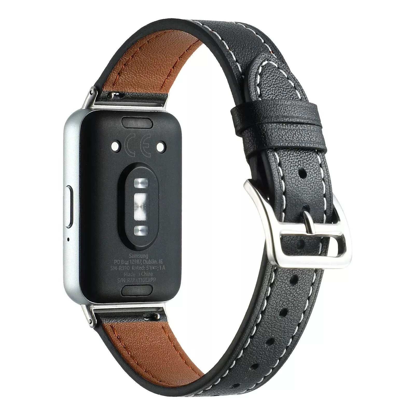 Schwarze und braune Smartwatch mit schwarzem Lederarmband und weißen Nähten. Die Uhr hat eine silberne Lünette und einen schwarzen Rücken.