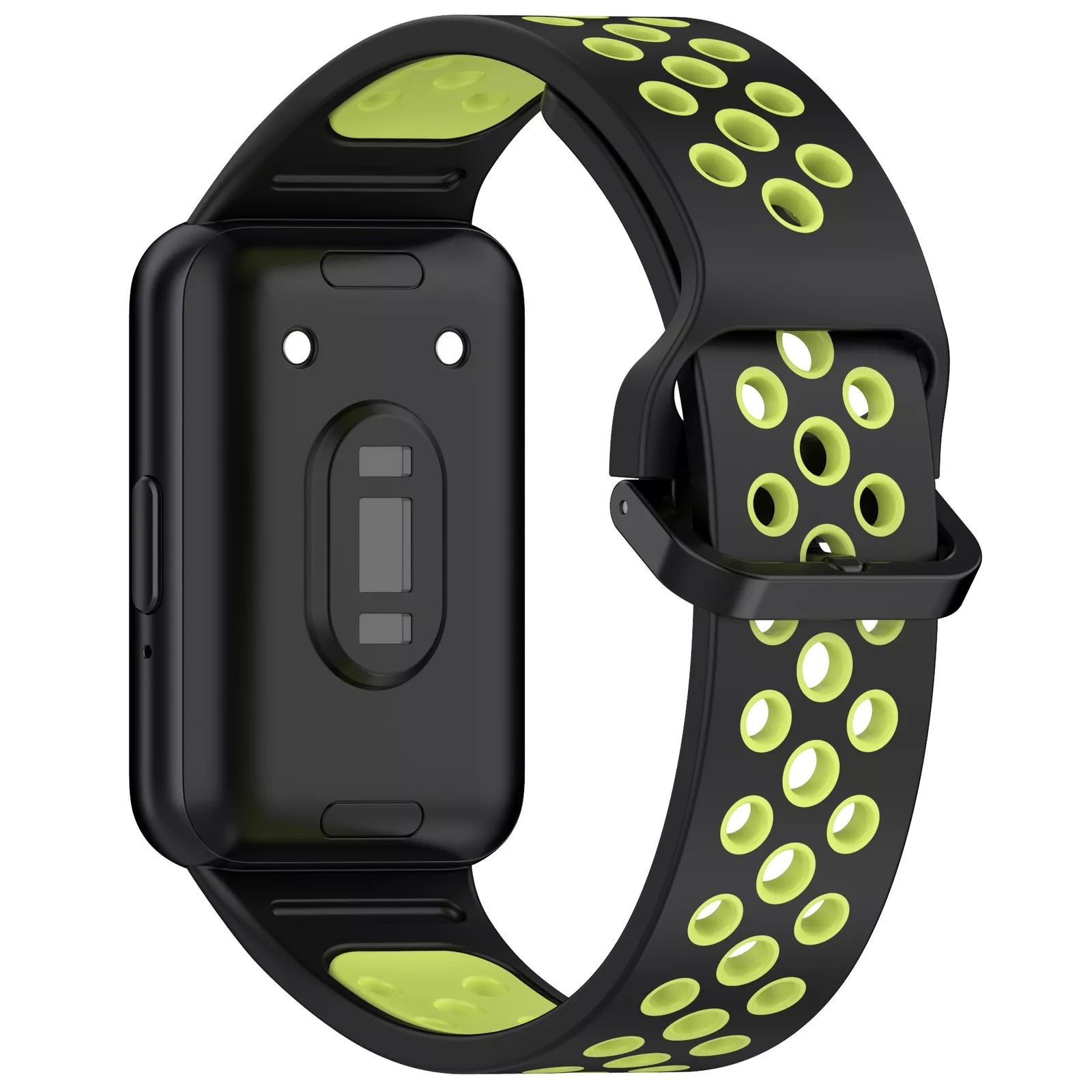 Schwarze Smartwatch mit grün akzentuiertem Armband. Das Armband hat kreisförmige Aussparungen. Das Zifferblatt ist rechteckig.
