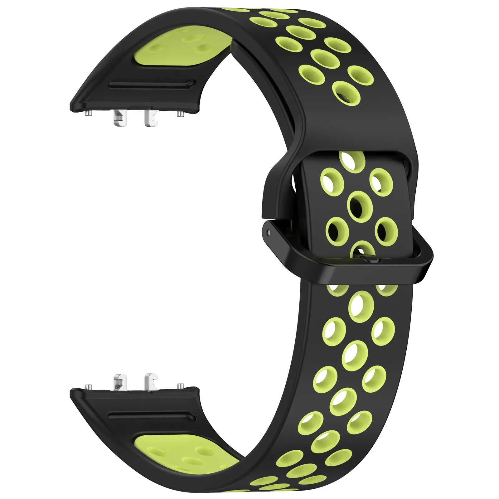 Schwarzes und limettengrünes Uhrenarmband. Das Armband hat Perforationen und eine Schnalle. Das Armband hat Metallstifte zur Befestigung.