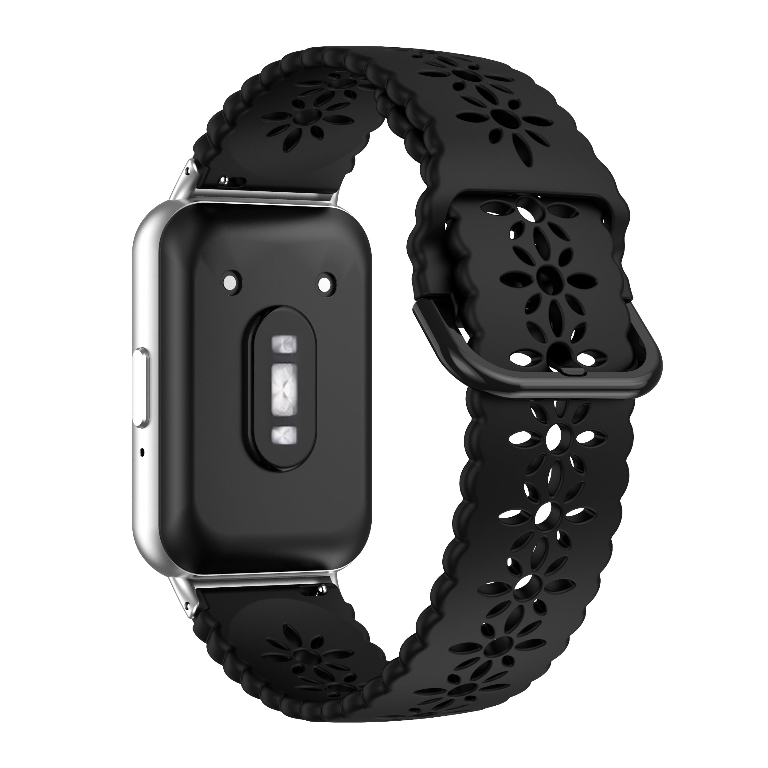 Eine schwarze Smartwatch mit floral gemustertem Armband. Das Zifferblatt ist rechteckig mit silbernem Rahmen. Weißer Hintergrund.