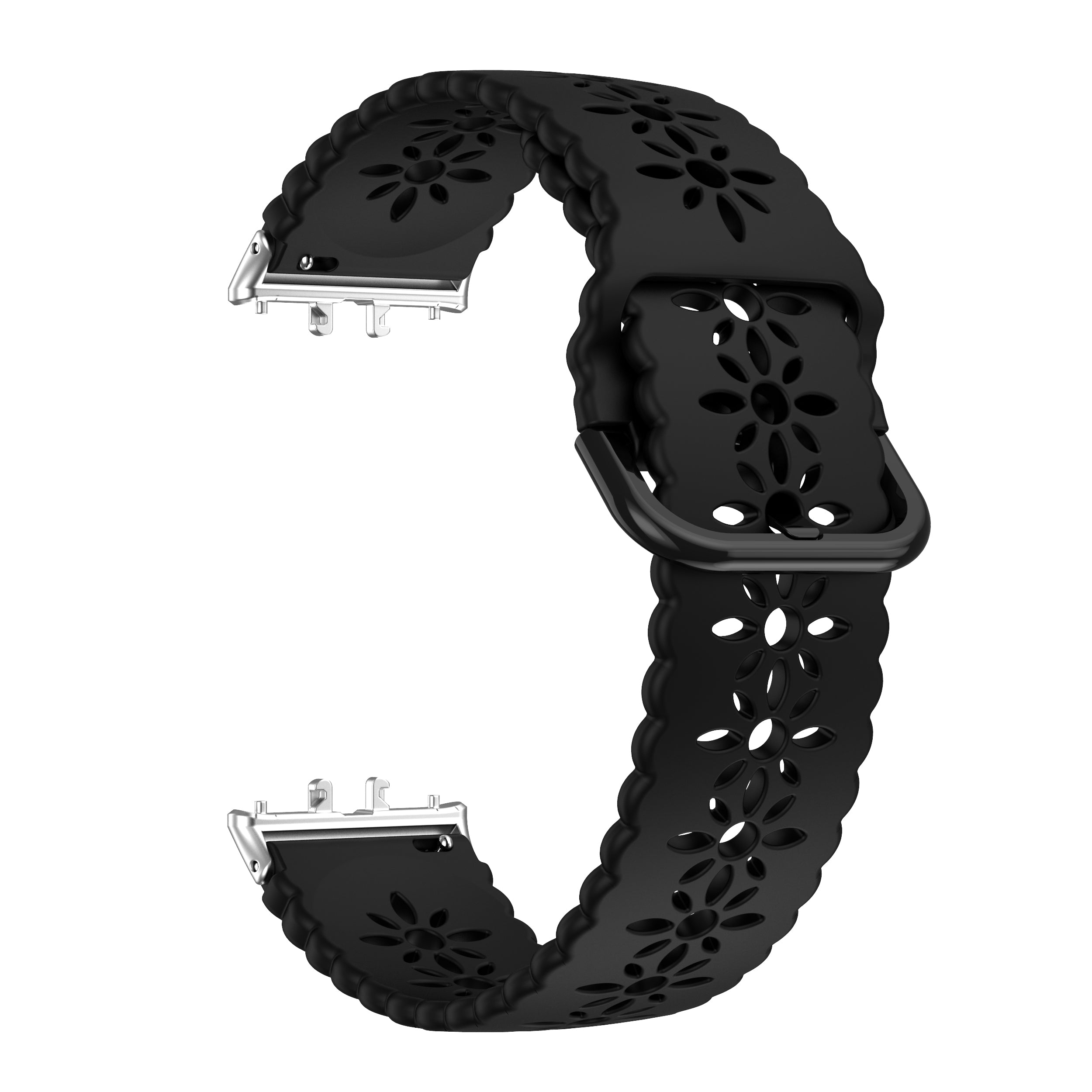 Schwarzes Uhrenarmband mit floralen Ausschnitten und silbernen Verschlüssen. Das Band ist auf weißem Hintergrund gebogen.