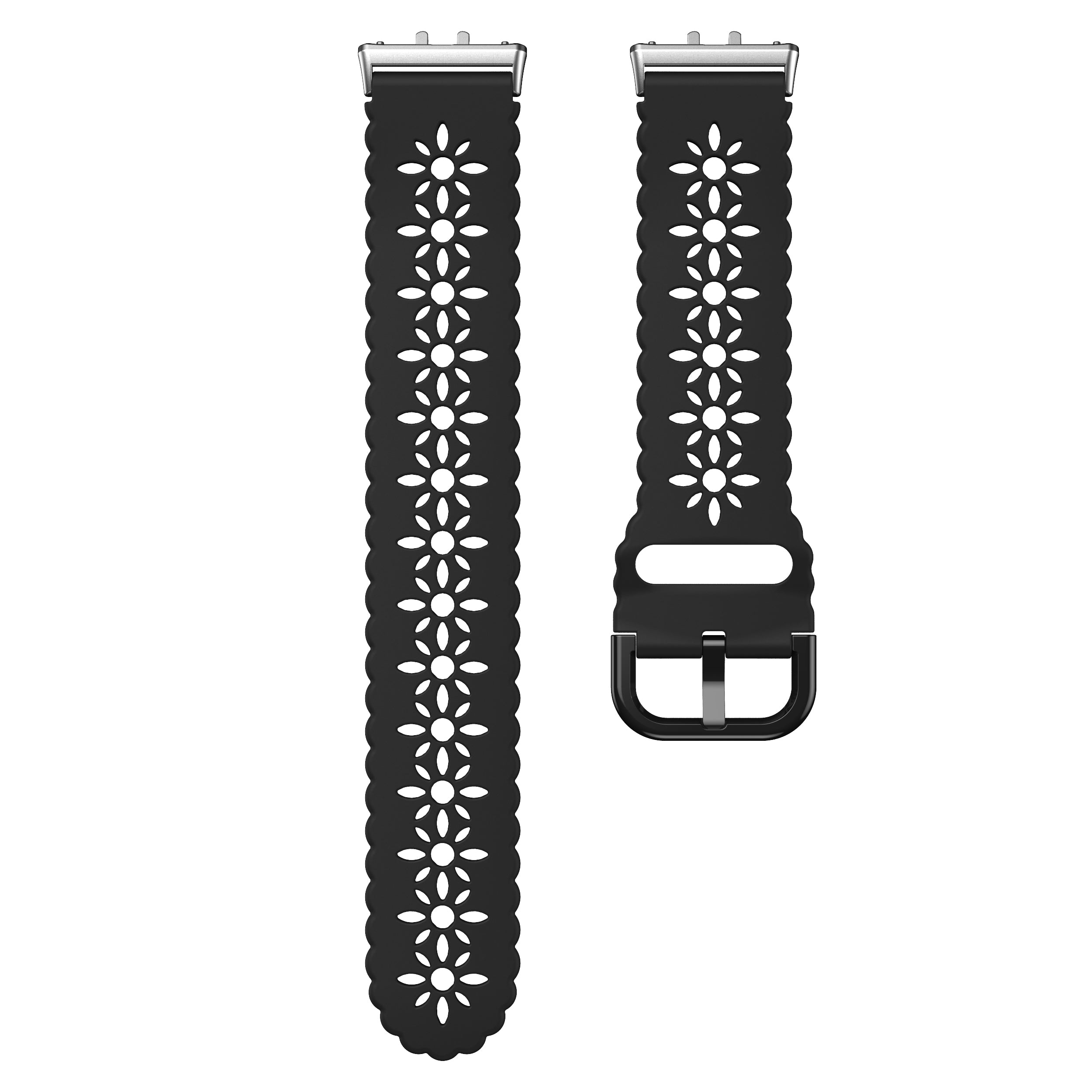 Schwarzes Uhrenarmband mit Blumenausschnitten. Silberne Verschlüsse oben. Schnalle auf der rechten Seite.