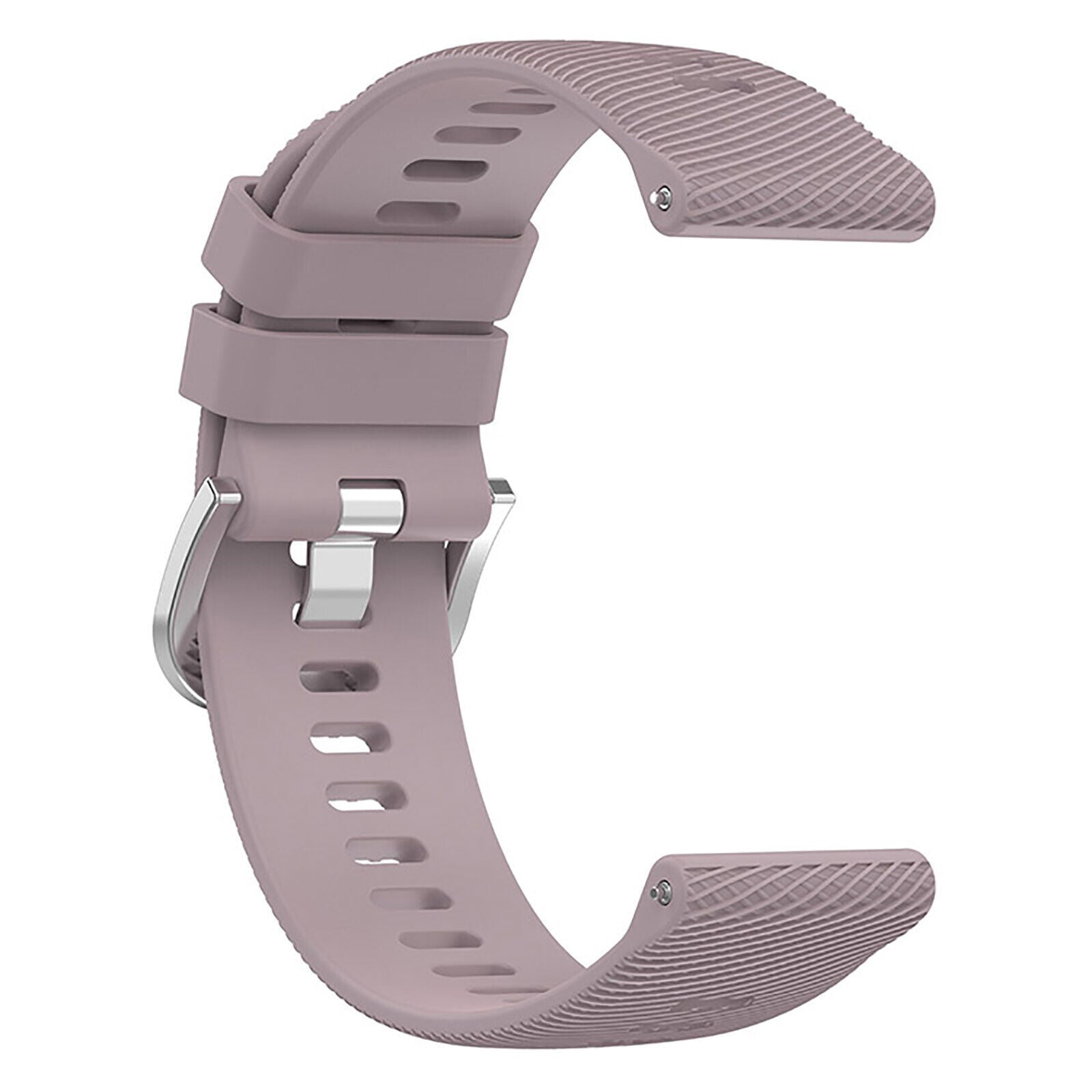 Ein helllila Uhrenarmband, gebogene Form, mit Schnalle und Stift. Das Armband hat eine strukturierte Oberfläche.