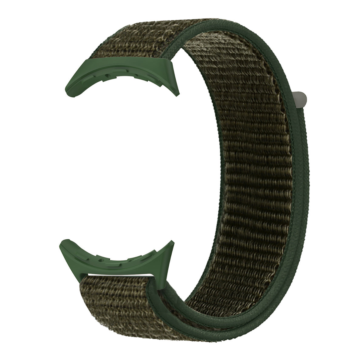 Ein grünes und olivfarbenes Uhrenarmband. Das Armband ist gebogen und hat ein strukturiertes Gewebe. Grüne Kunststoffverbinder an beiden Enden.