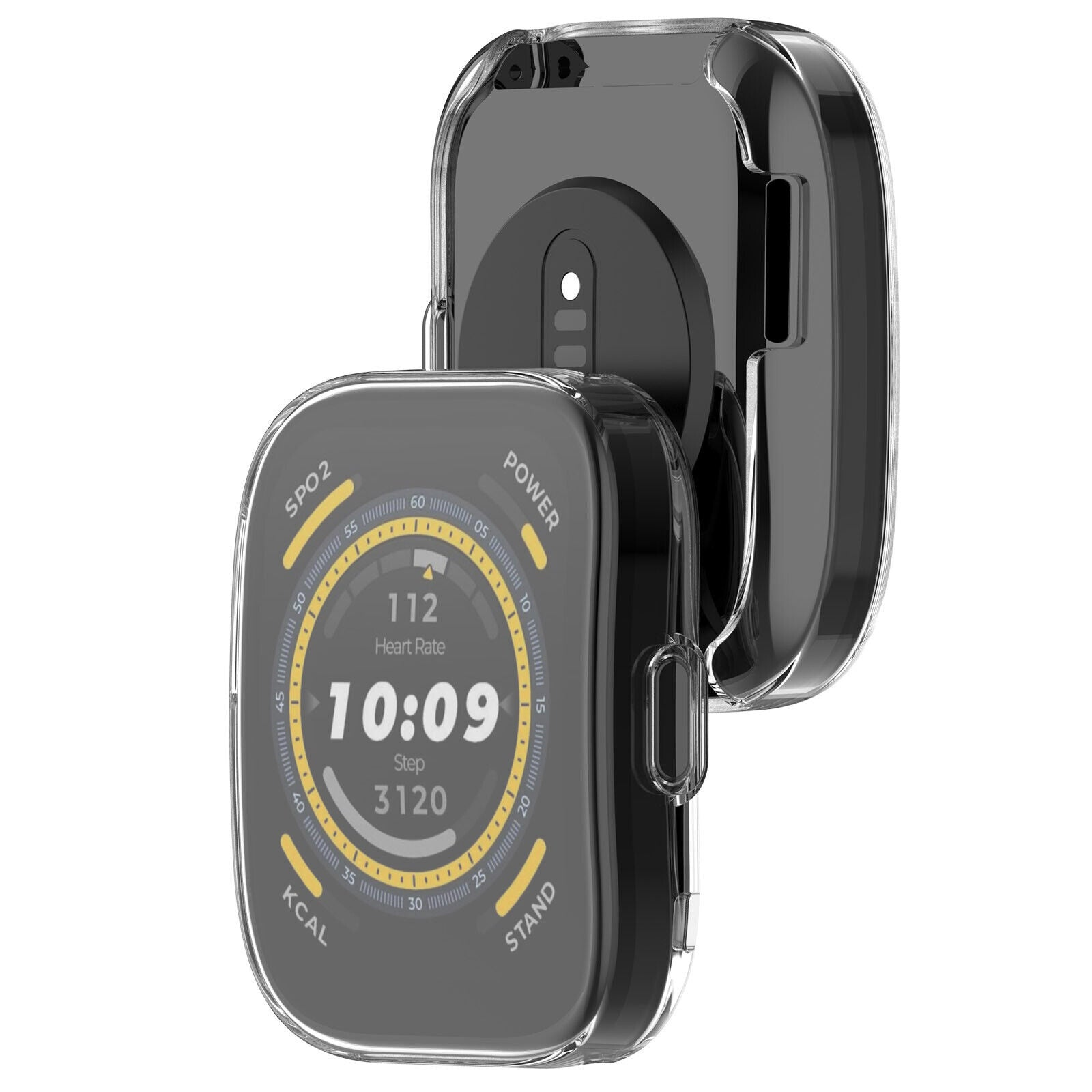 Eine Smartwatch mit transparentem Gehäuse, die Gesundheitsmetriken wie Herzfrequenz, Zeit, Schritte und SPO2 anzeigt. Das Gehäuse ist offen.