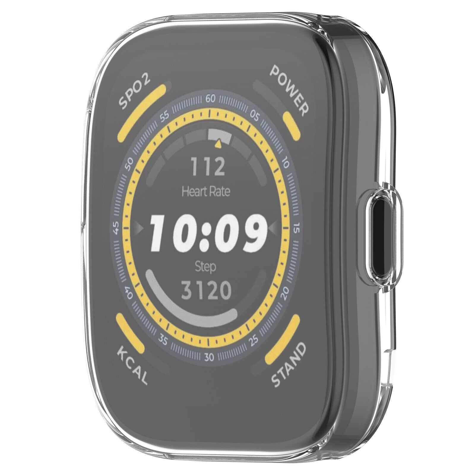 Eine Smartwatch zeigt Herzfrequenz, Zeit und Schritte an. Der Bildschirm ist schwarz mit gelben und weißen Details, in einer transparenten Hülle.