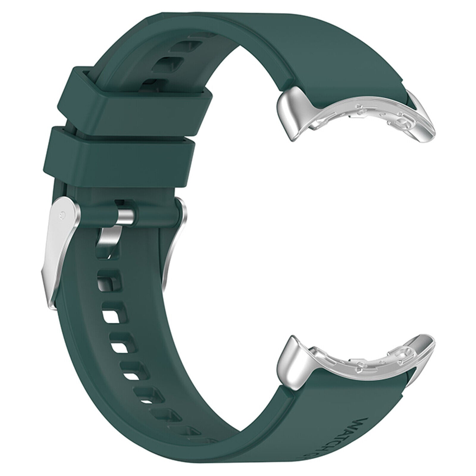 Grünes Uhrenarmband mit silbernen Verschlüssen. Das Armband ist gebogen und passt um ein Handgelenk.