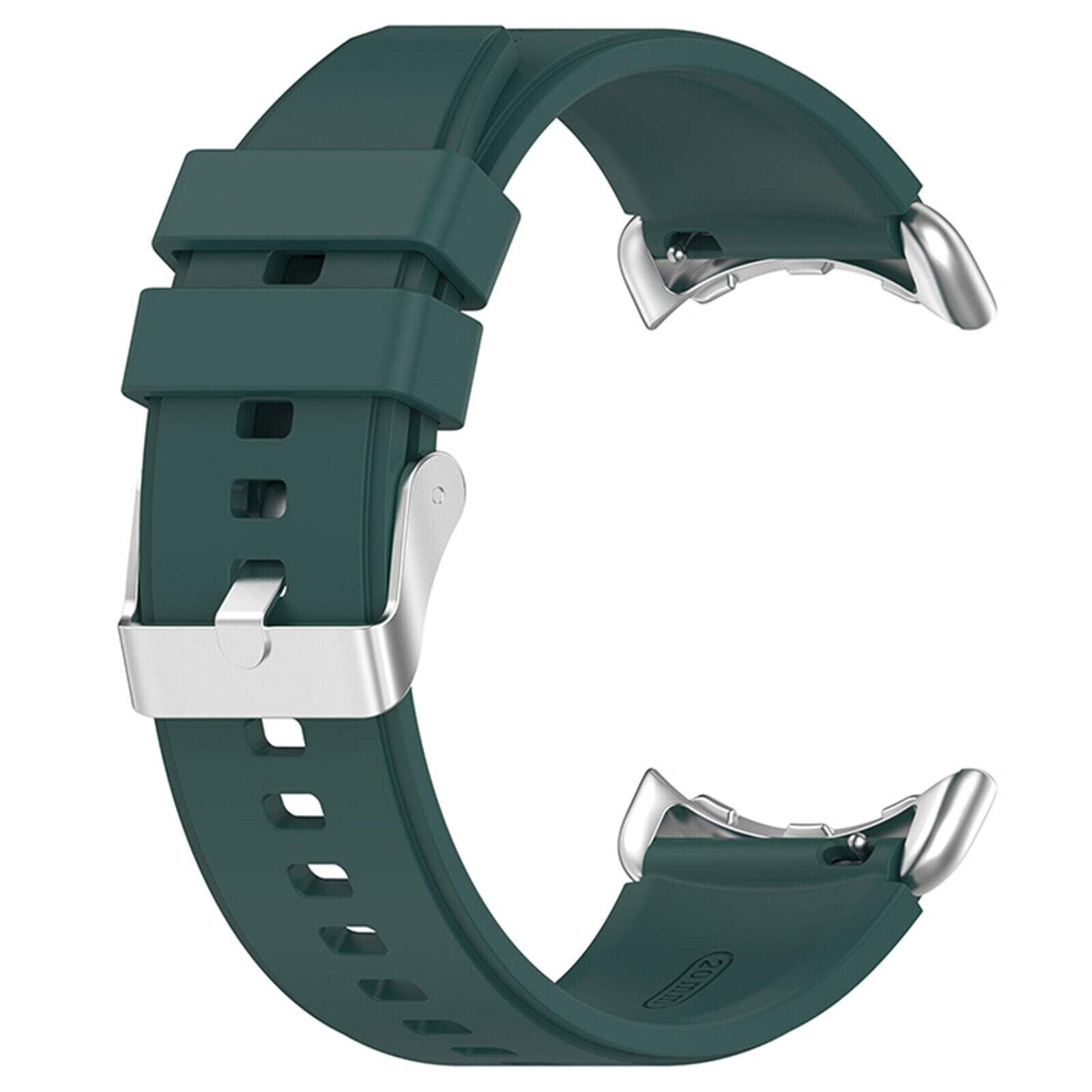 Ein dunkelgrünes Uhrenarmband mit silberner Schnalle und Anschlüssen. Das Armband besteht aus Silikon und hat eine strukturierte Oberfläche.